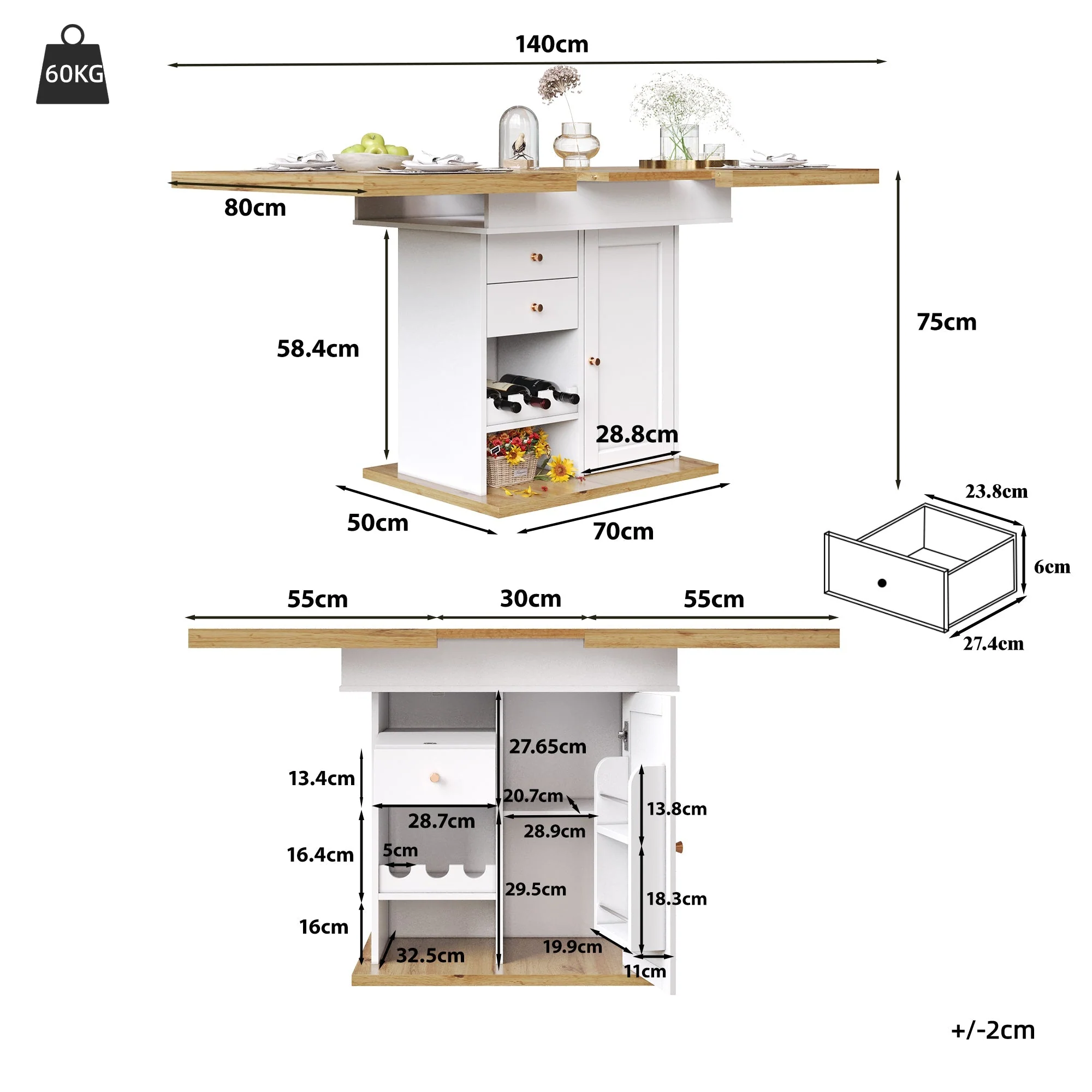 Telescopic Dining Table with Extendable Design and Wine Rack, White - Image 2