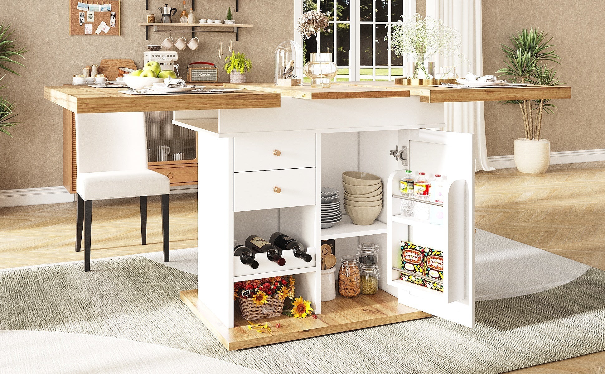 Telescopic Dining Table with Extendable Design and Wine Rack, White - Image 3