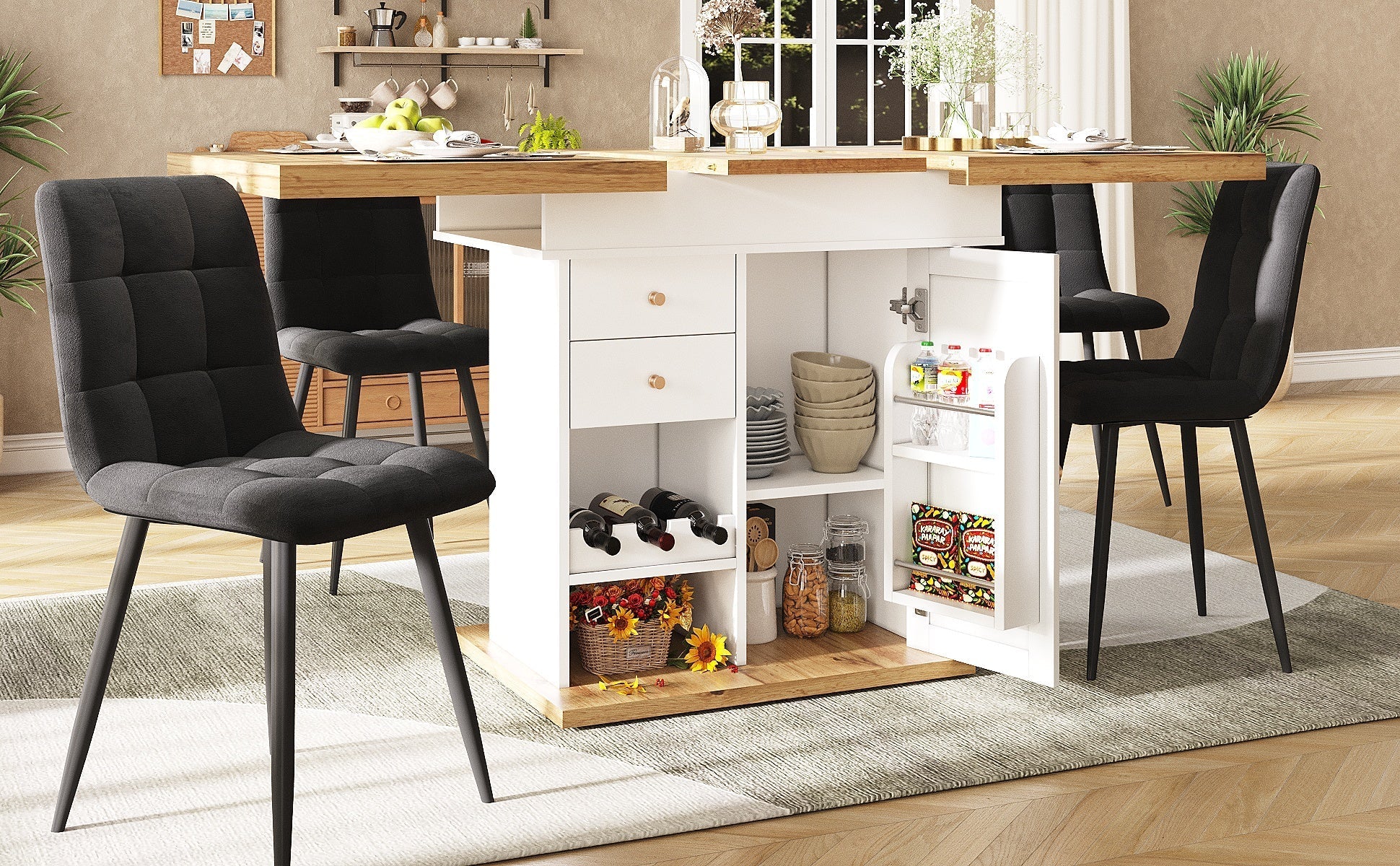 Telescopic Dining Table with Extendable Design and Wine Rack, White - Image 4