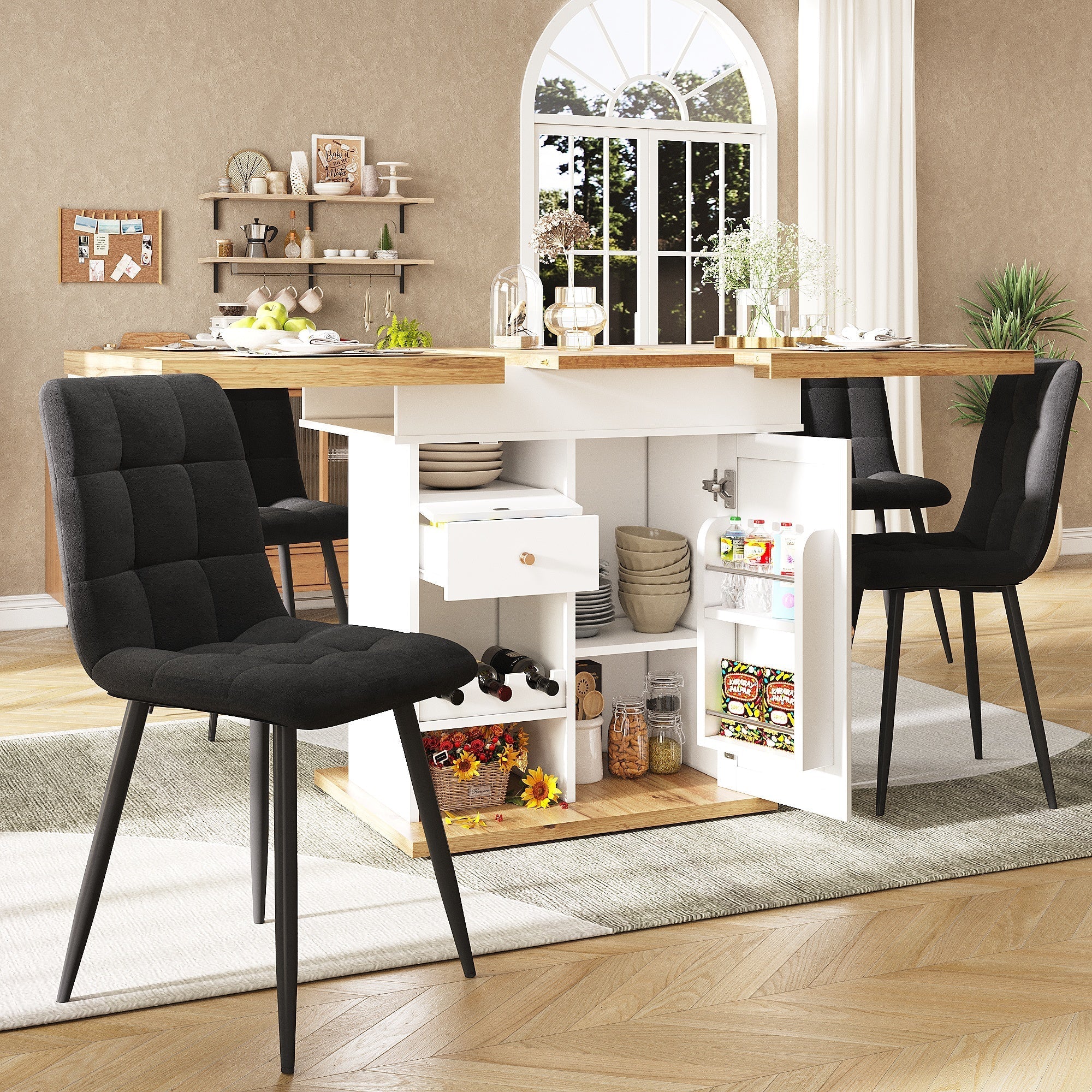 Telescopic Dining Table with Extendable Design and Wine Rack, White - Image 5