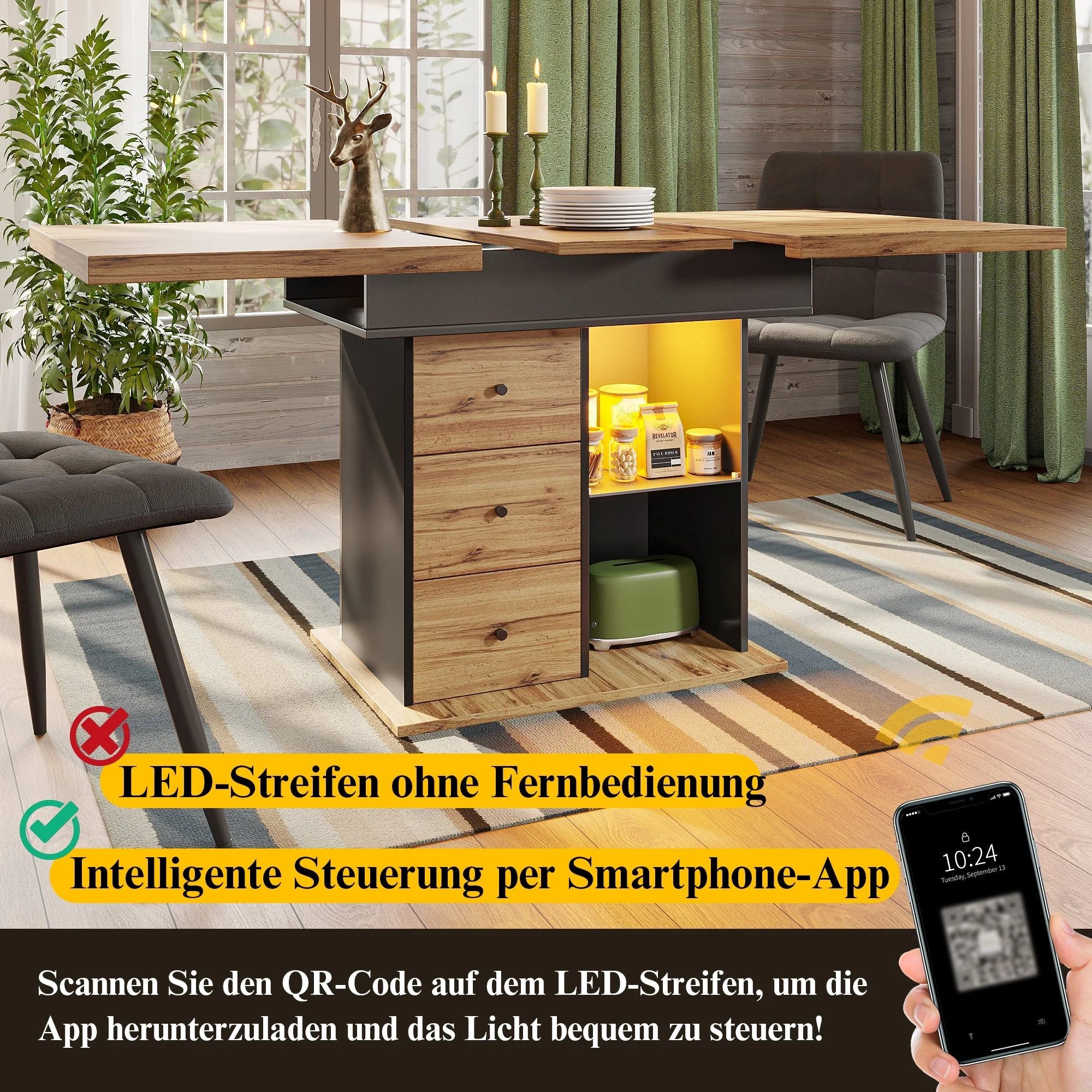 Telescopic Dining Table with Extendable Top and LED Lighting, Black - Image 7