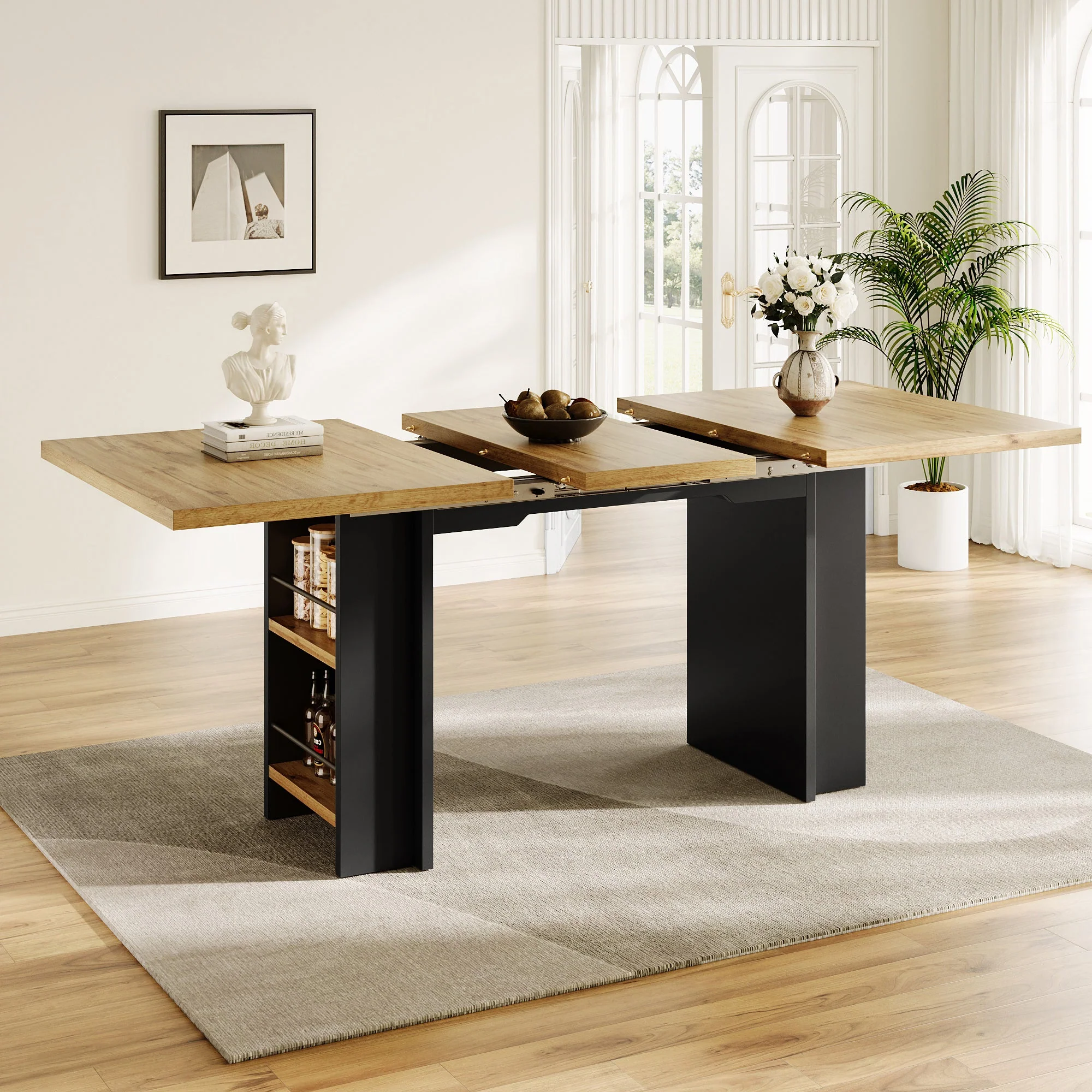 Telescopic Dining Table with Shelves and Extendable 120-160cm Surface, Wood Color - Image 6