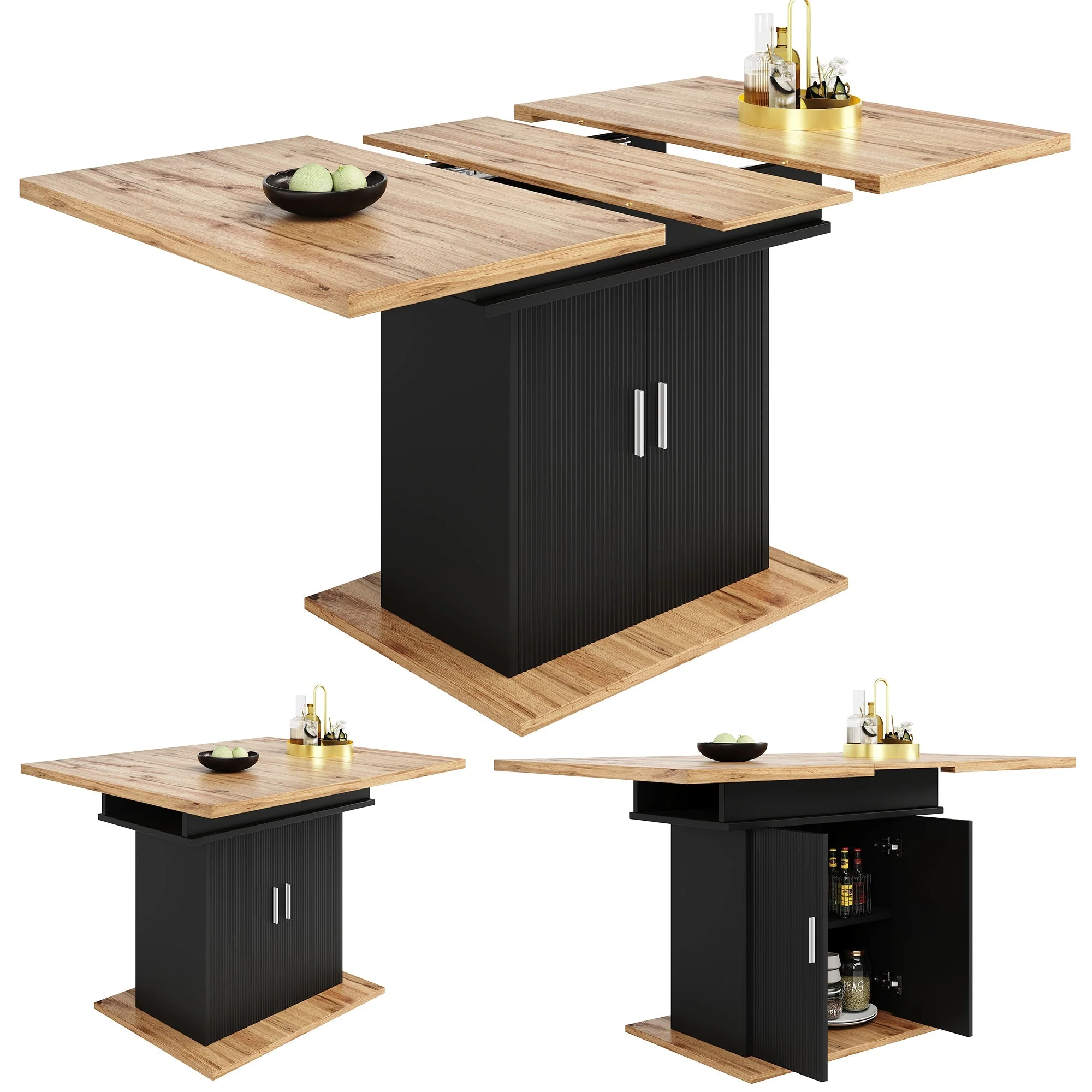 Telescopic Extendable Dining Table 140x70cm Storage Shelf - Natural/Black - Image 6