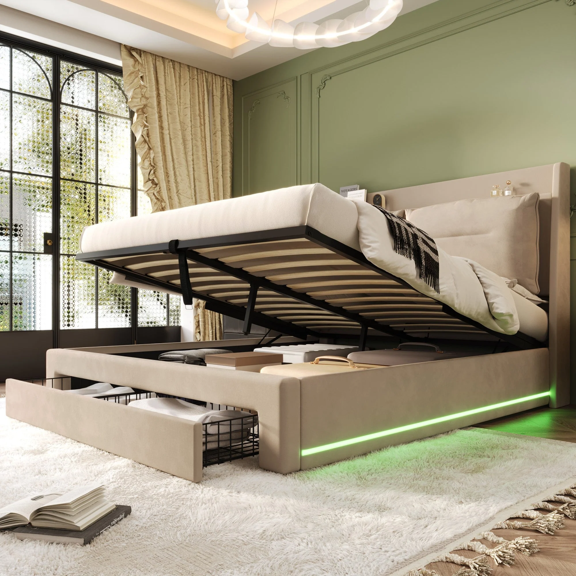 LED upholstered bed, 140 × 190 cm, hydraulic bed, 2-in-1 storage drawers at the foot of the bed, built-in LED light strips on both sides of the bed, slatted base, mattress not included, velvet, grey.