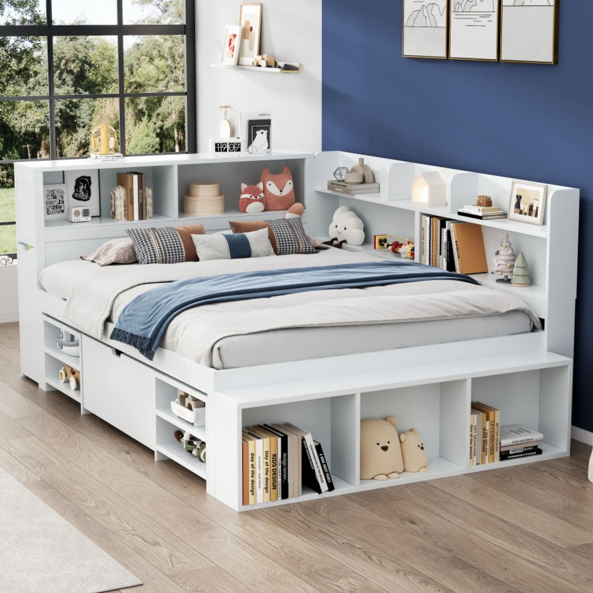 LED upholstered bed, 140 × 190 cm, hydraulic bed, 2-in-1 storage drawers at the foot of the bed, built-in LED light strips on both sides of the bed, slatted base, mattress not included, velvet, grey. - Image 11