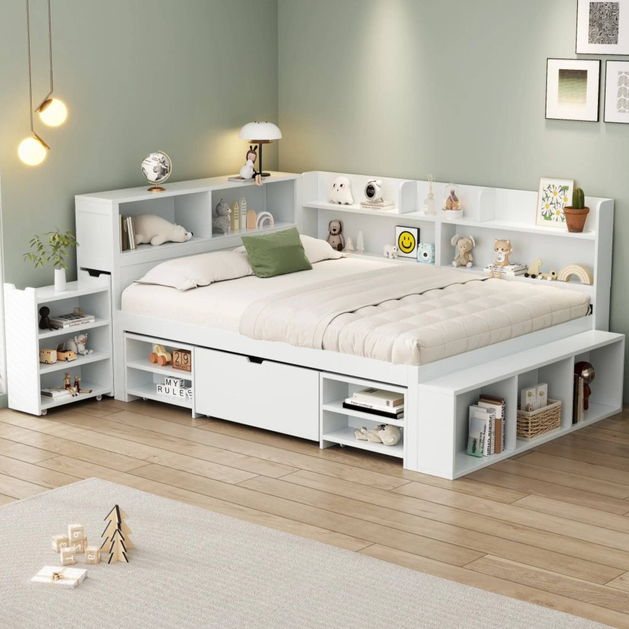 LED upholstered bed, 140 × 190 cm, hydraulic bed, 2-in-1 storage drawers at the foot of the bed, built-in LED light strips on both sides of the bed, slatted base, mattress not included, velvet, grey. - Image 12