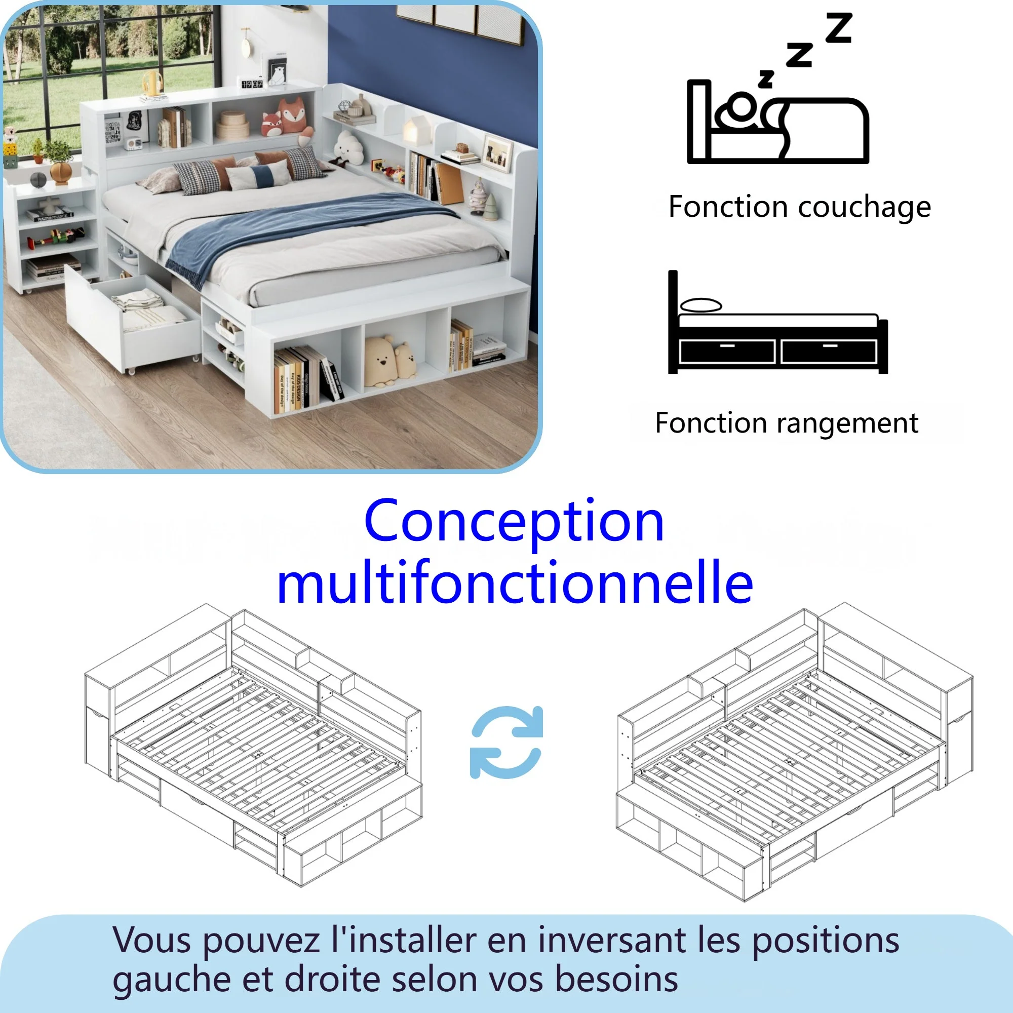 LED upholstered bed, 140 × 190 cm, hydraulic bed, 2-in-1 storage drawers at the foot of the bed, built-in LED light strips on both sides of the bed, slatted base, mattress not included, velvet, grey. - Image 13