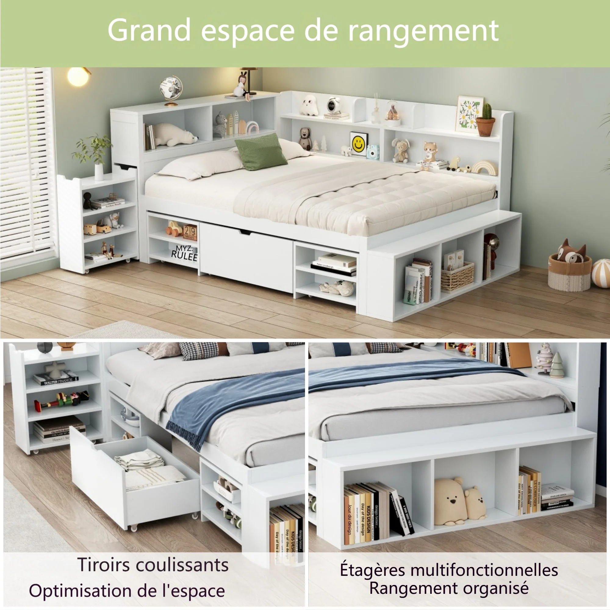LED upholstered bed, 140 × 190 cm, hydraulic bed, 2-in-1 storage drawers at the foot of the bed, built-in LED light strips on both sides of the bed, slatted base, mattress not included, velvet, grey. - Image 15