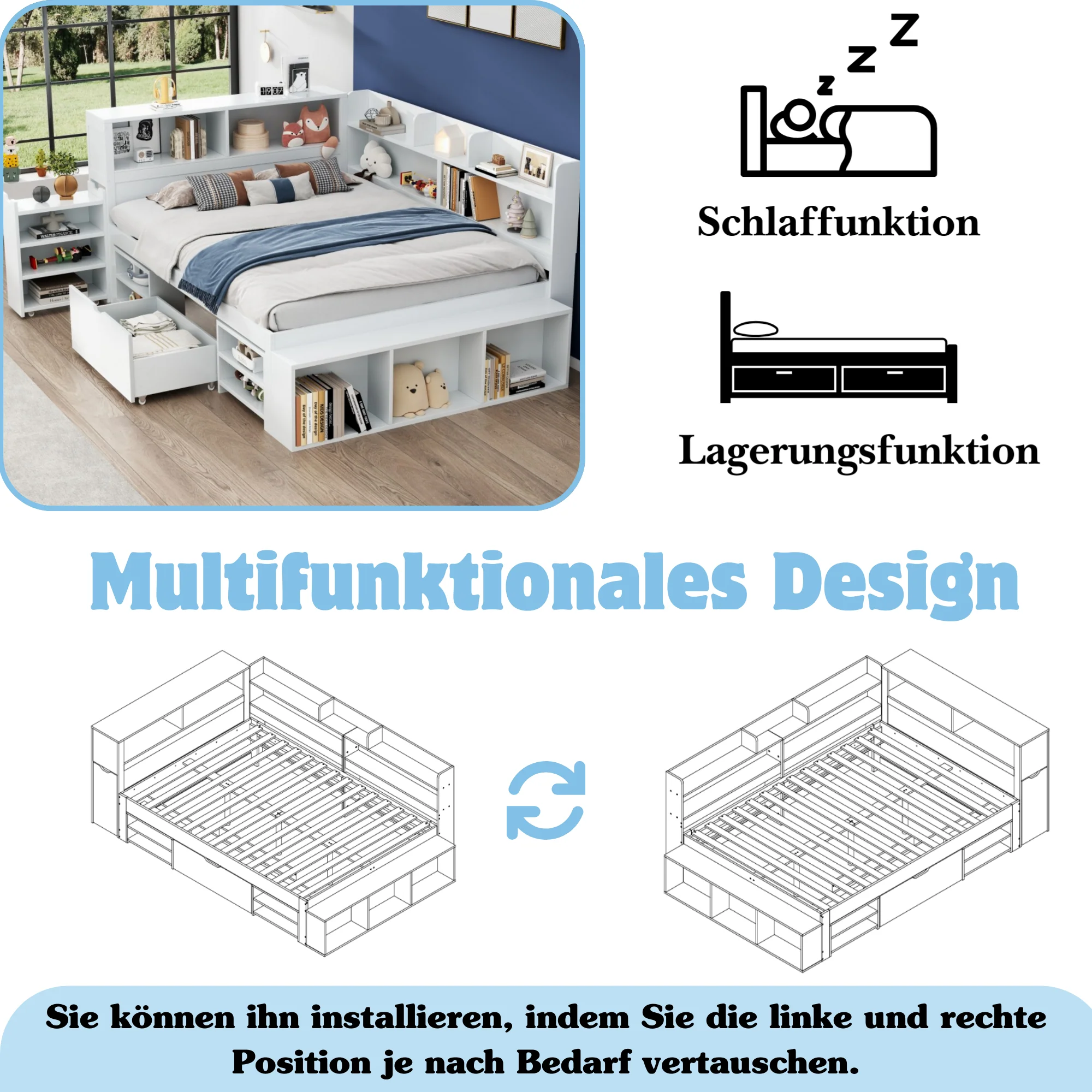 LED upholstered bed, 140 × 190 cm, hydraulic bed, 2-in-1 storage drawers at the foot of the bed, built-in LED light strips on both sides of the bed, slatted base, mattress not included, velvet, grey. - Image 16