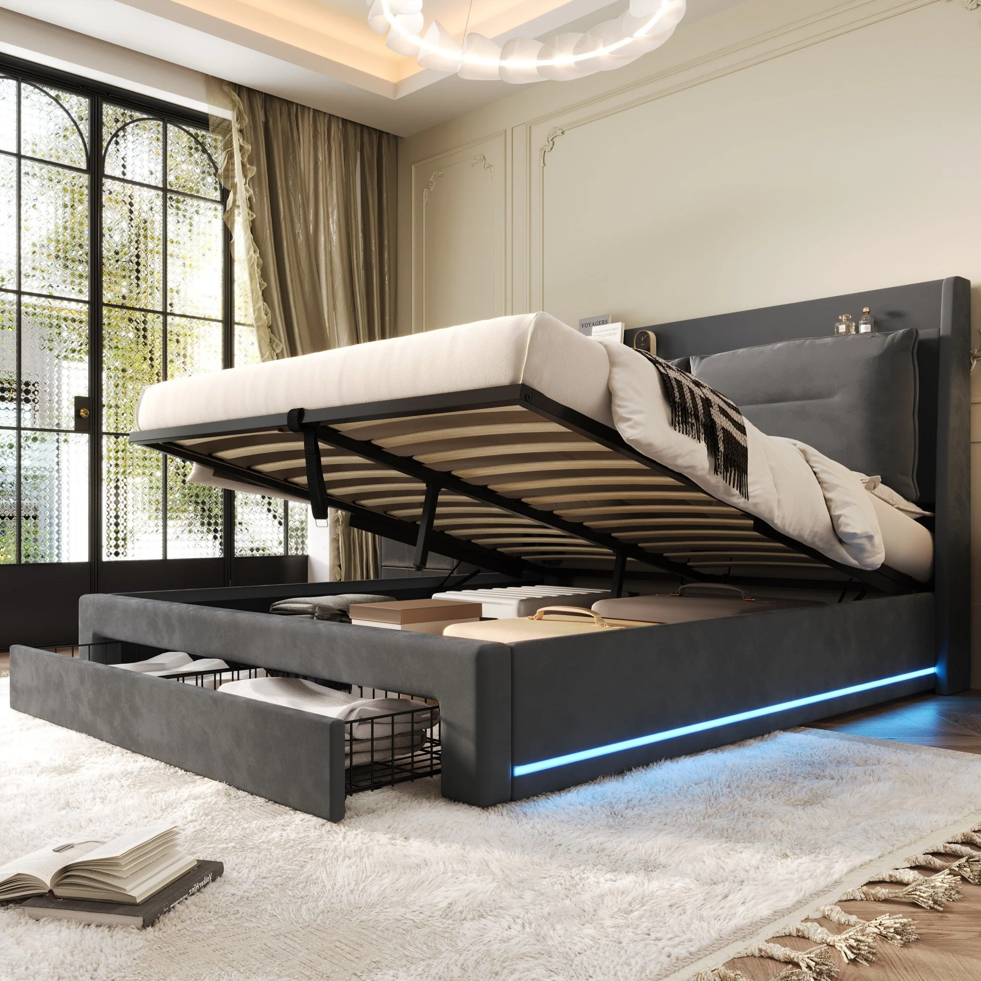 LED upholstered bed, 140 × 190 cm, hydraulic bed, 2-in-1 storage drawers at the foot of the bed, built-in LED light strips on both sides of the bed, slatted base, mattress not included, velvet, grey. - Image 19