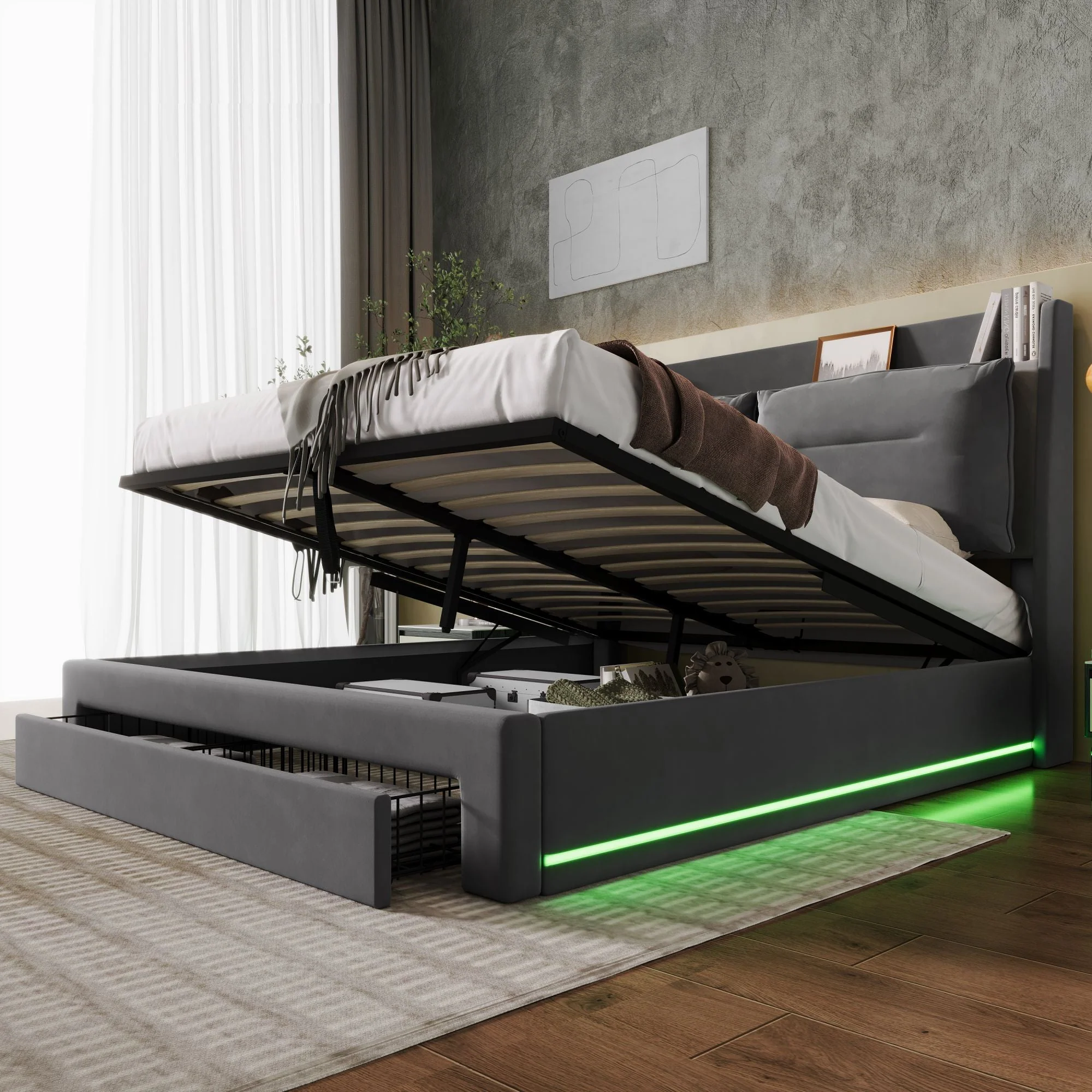 LED upholstered bed, 140 × 190 cm, hydraulic bed, 2-in-1 storage drawers at the foot of the bed, built-in LED light strips on both sides of the bed, slatted base, mattress not included, velvet, grey. - Image 22