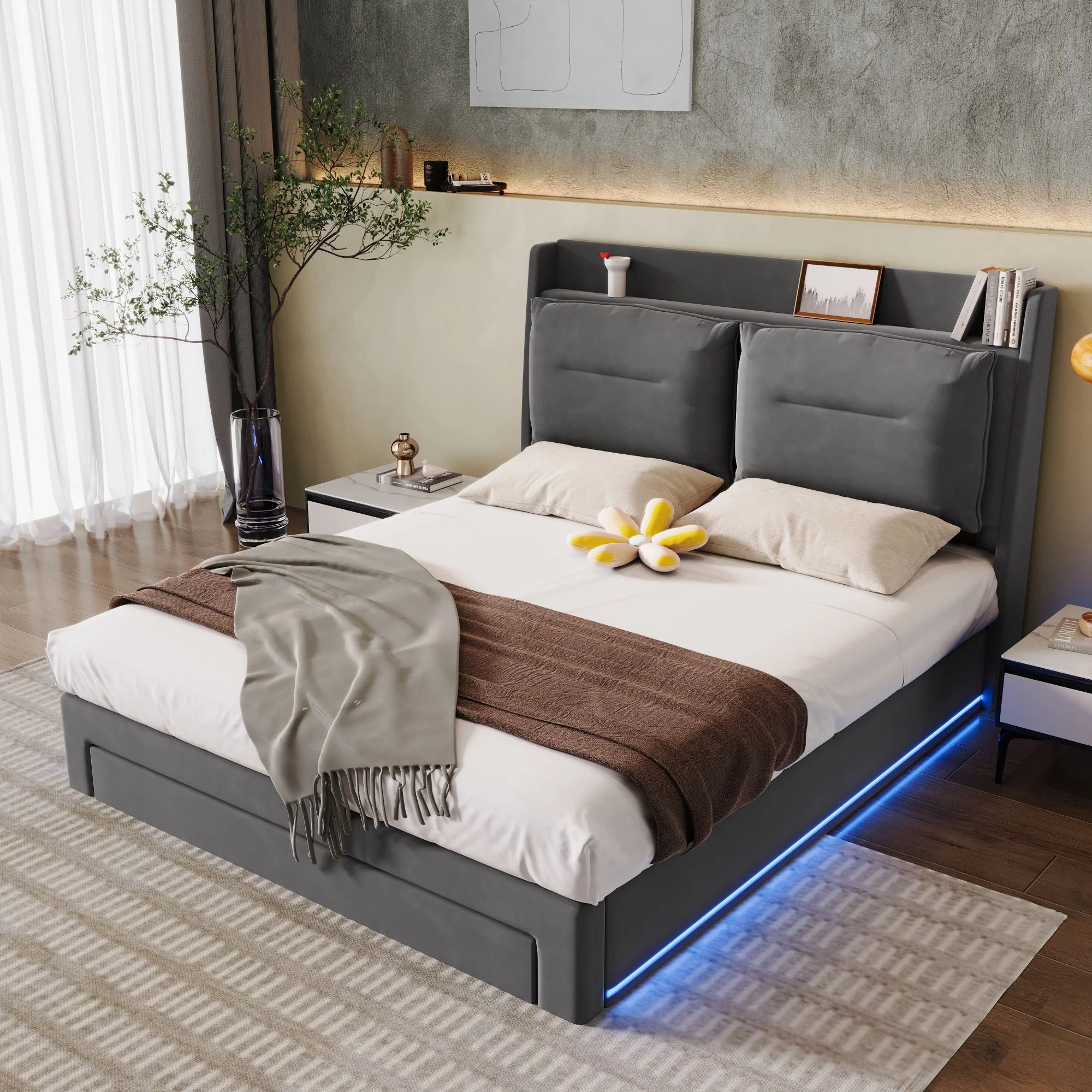 LED upholstered bed, 140 × 190 cm, hydraulic bed, 2-in-1 storage drawers at the foot of the bed, built-in LED light strips on both sides of the bed, slatted base, mattress not included, velvet, grey. - Image 23
