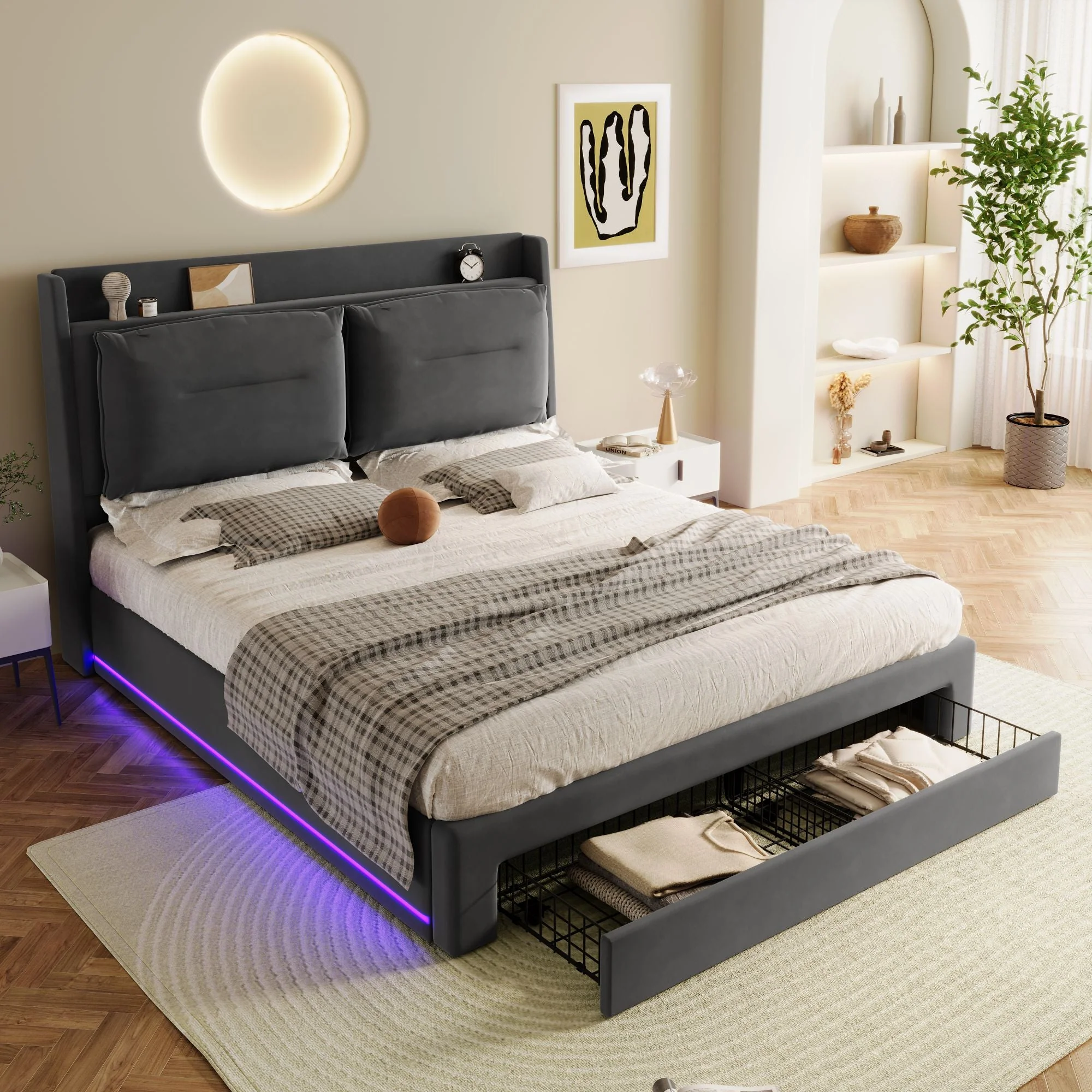 LED upholstered bed, 140 × 190 cm, hydraulic bed, 2-in-1 storage drawers at the foot of the bed, built-in LED light strips on both sides of the bed, slatted base, mattress not included, velvet, grey. - Image 24