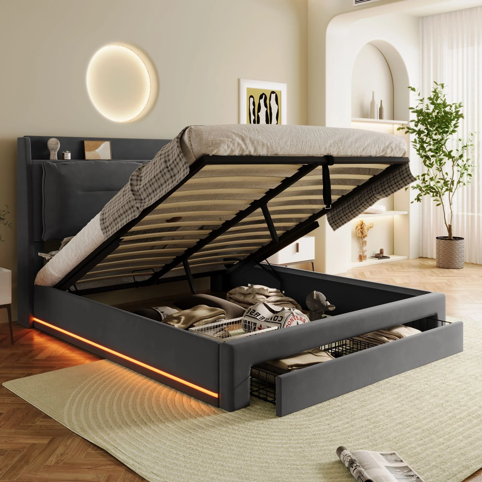 LED upholstered bed, 140 × 190 cm, hydraulic bed, 2-in-1 storage drawers at the foot of the bed, built-in LED light strips on both sides of the bed, slatted base, mattress not included, velvet, grey. - Image 25