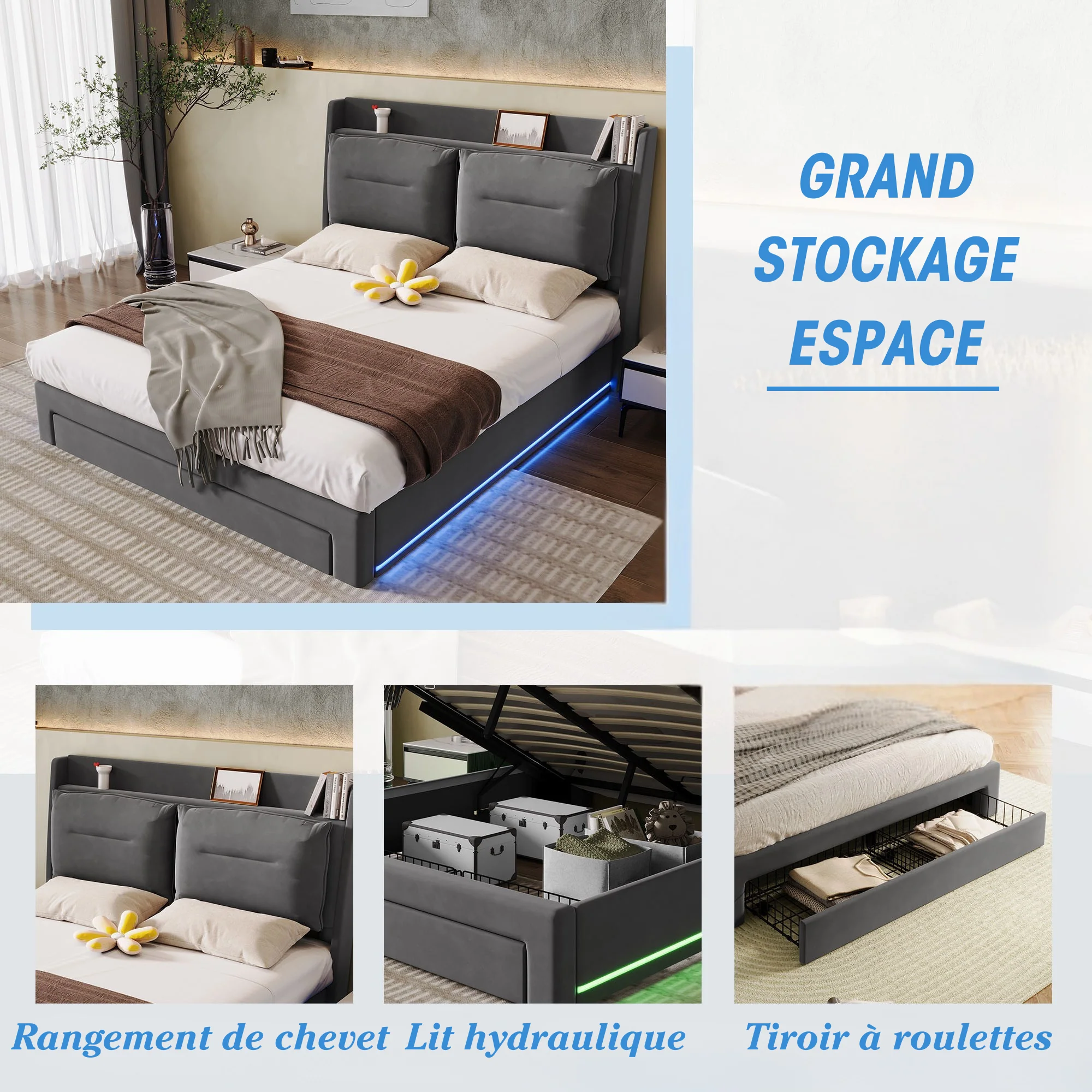 LED upholstered bed, 140 × 190 cm, hydraulic bed, 2-in-1 storage drawers at the foot of the bed, built-in LED light strips on both sides of the bed, slatted base, mattress not included, velvet, grey. - Image 27