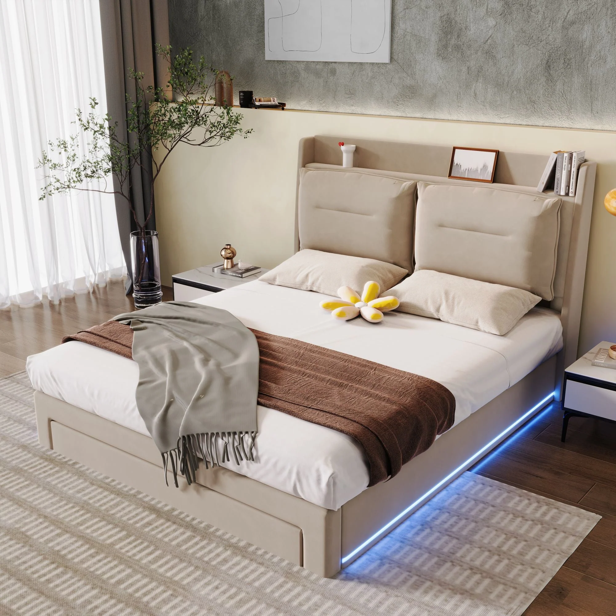 LED upholstered bed, 140 × 190 cm, hydraulic bed, 2-in-1 storage drawers at the foot of the bed, built-in LED light strips on both sides of the bed, slatted base, mattress not included, velvet, grey. - Image 5