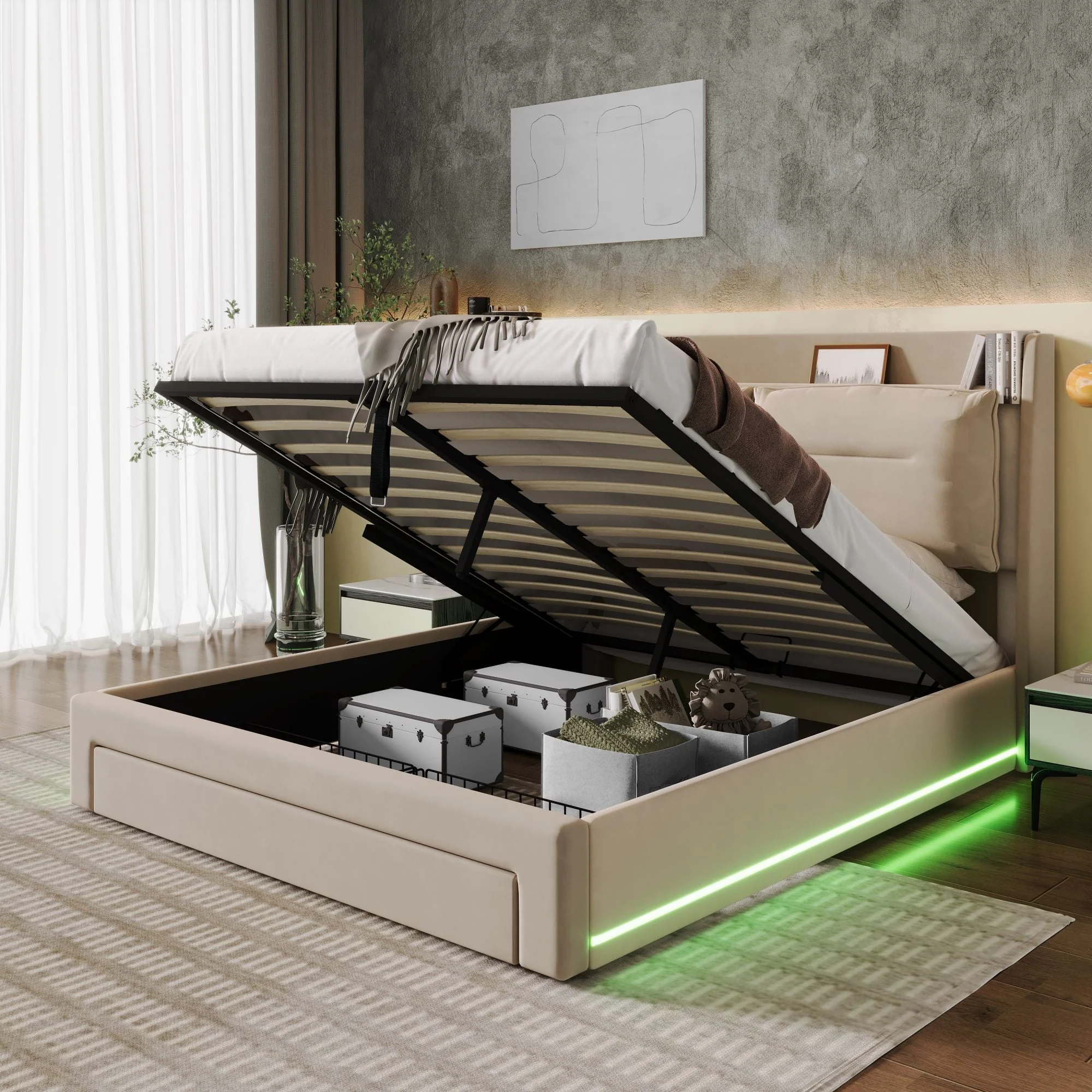 LED upholstered bed, 140 × 190 cm, hydraulic bed, 2-in-1 storage drawers at the foot of the bed, built-in LED light strips on both sides of the bed, slatted base, mattress not included, velvet, grey. - Image 6