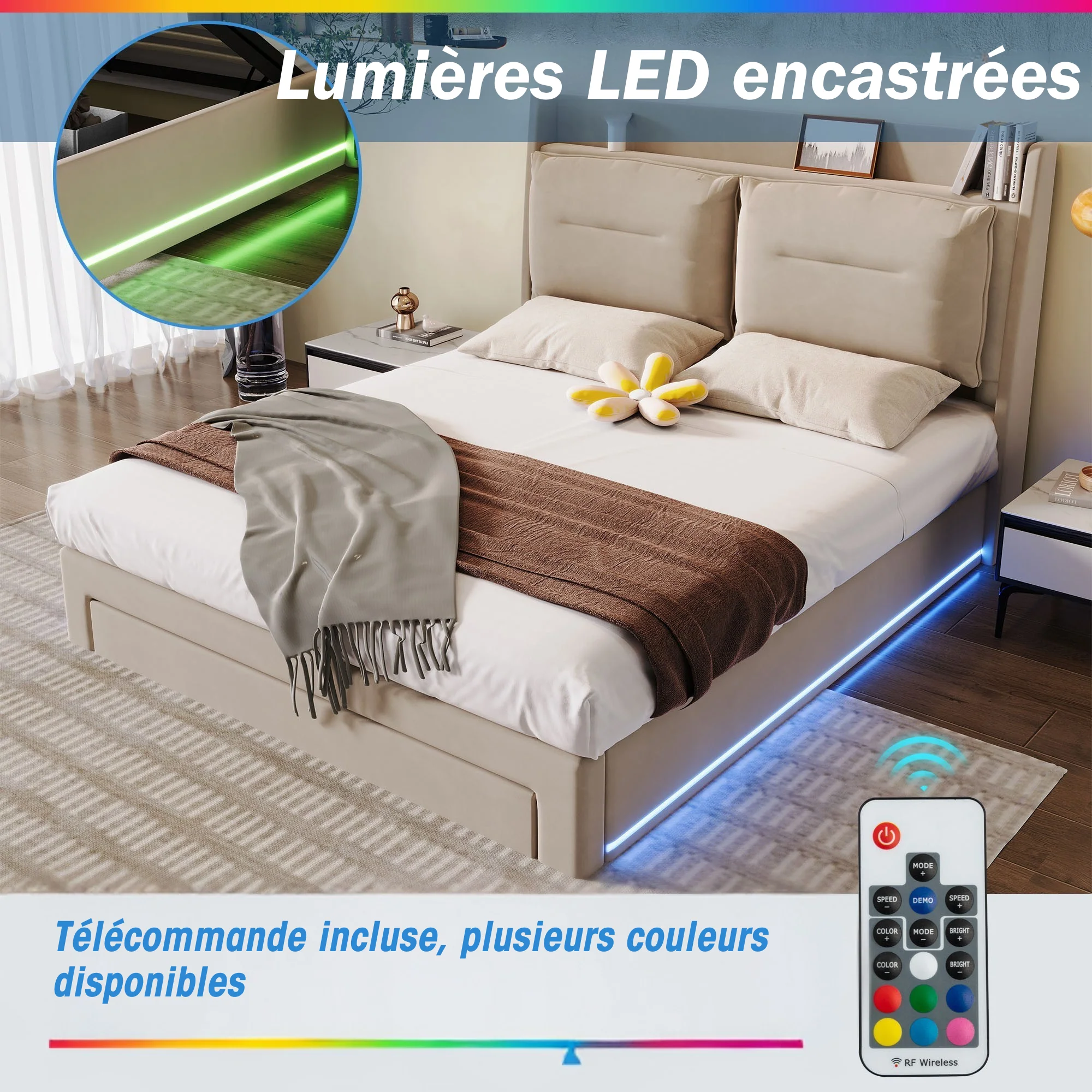 LED upholstered bed, 140 × 190 cm, hydraulic bed, 2-in-1 storage drawers at the foot of the bed, built-in LED light strips on both sides of the bed, slatted base, mattress not included, velvet, grey. - Image 8
