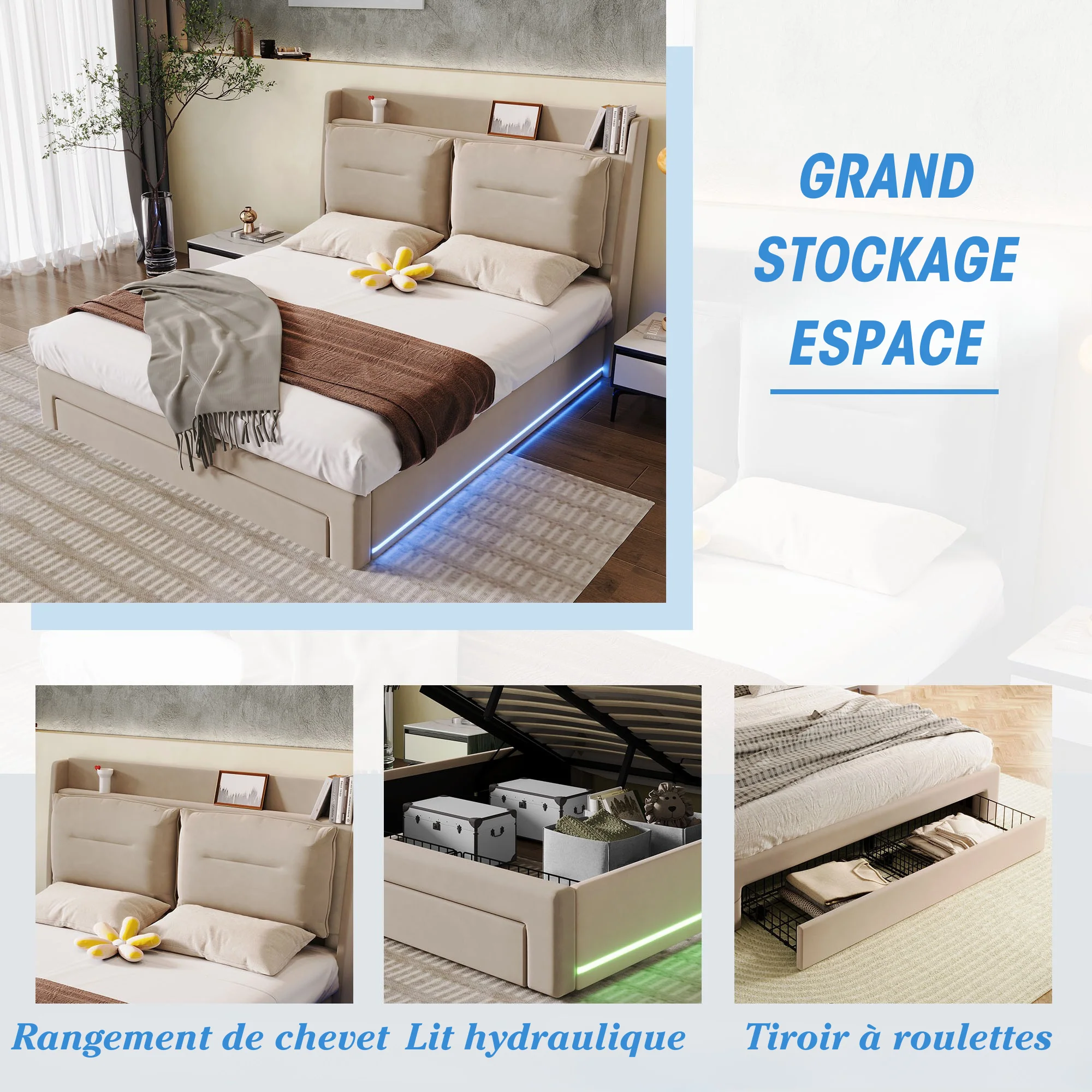 LED upholstered bed, 140 × 190 cm, hydraulic bed, 2-in-1 storage drawers at the foot of the bed, built-in LED light strips on both sides of the bed, slatted base, mattress not included, velvet, grey. - Image 9