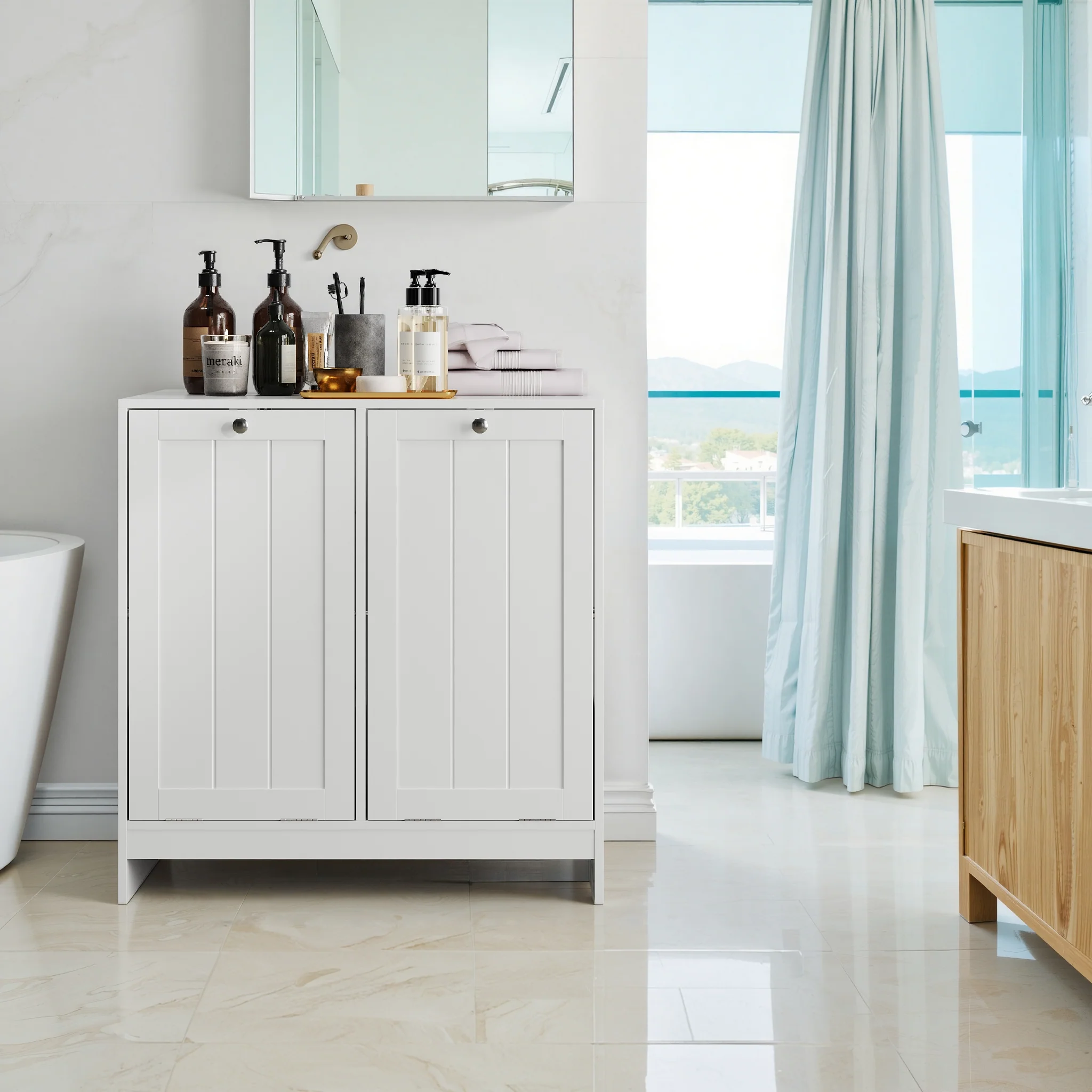 Tilting Laundry Basket Cabinet with Removable Hamper and Storage, Freestanding Bathroom Organizer, White MDF - Image 4