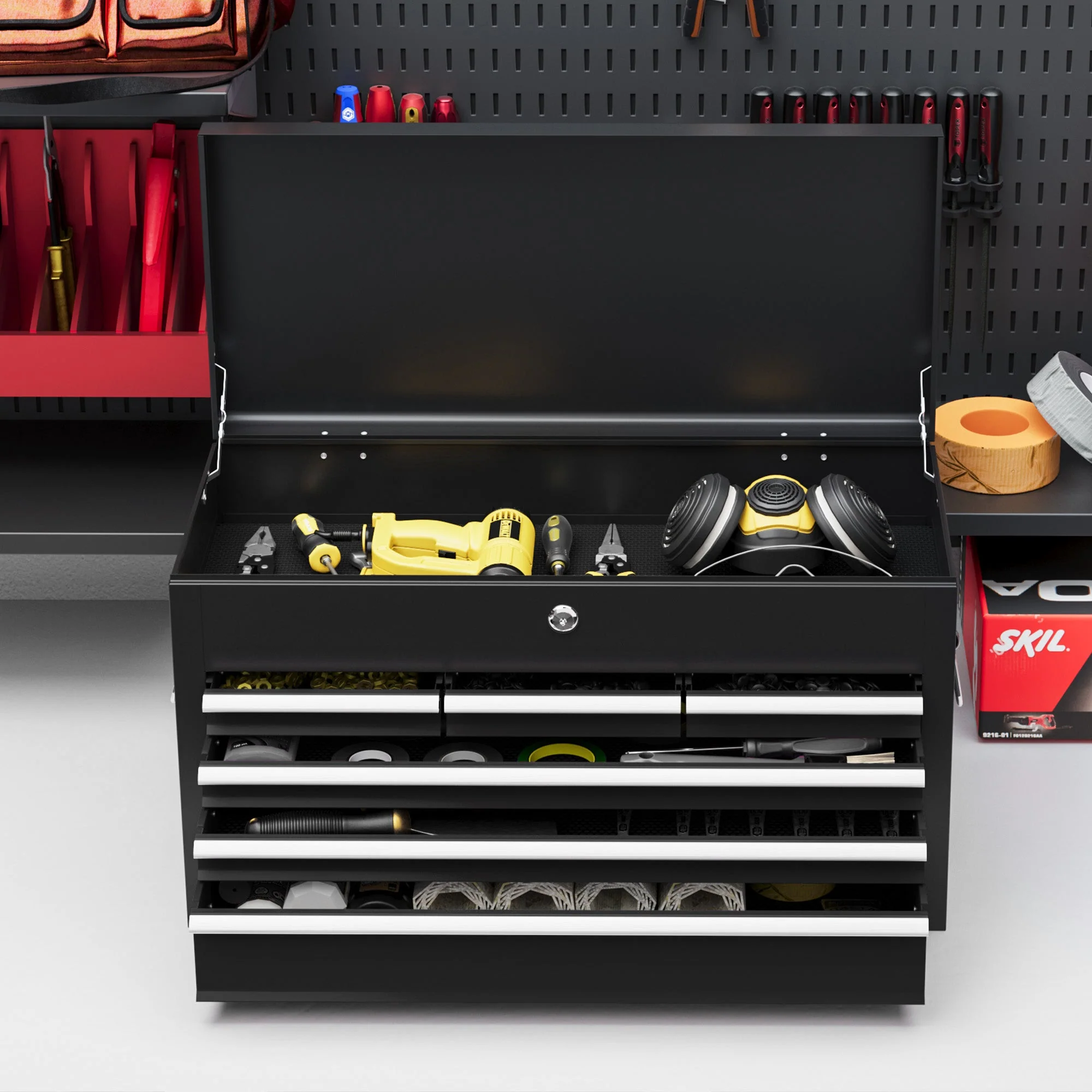 Tool box with 6 drawers, lock and handle, steel black - Image 7