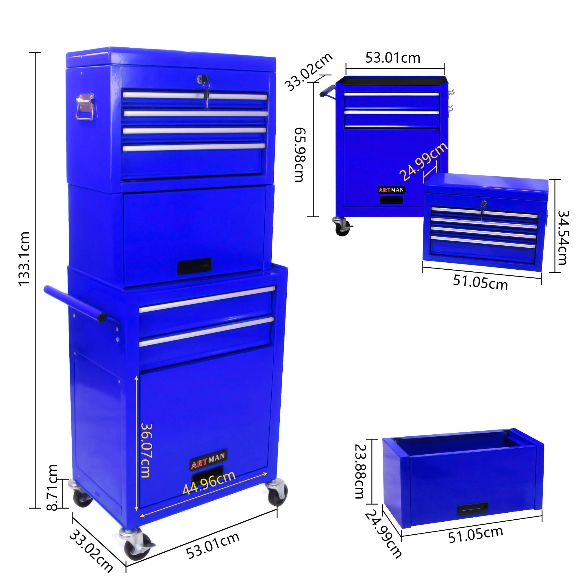 Tool Cabinet 6-Drawer Rolling 2-in-1 Organizer Blue - Image 4