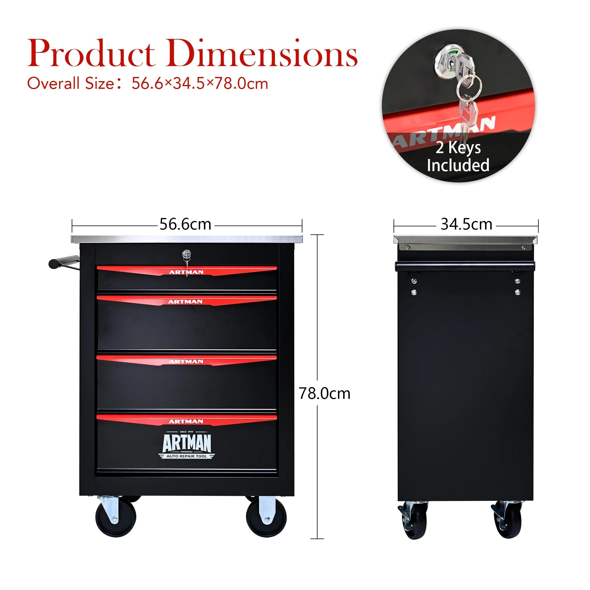 Tool Trolley 4-Drawer Metal Rolling Storage with Stainless Steel Roof Black & Red - Image 5