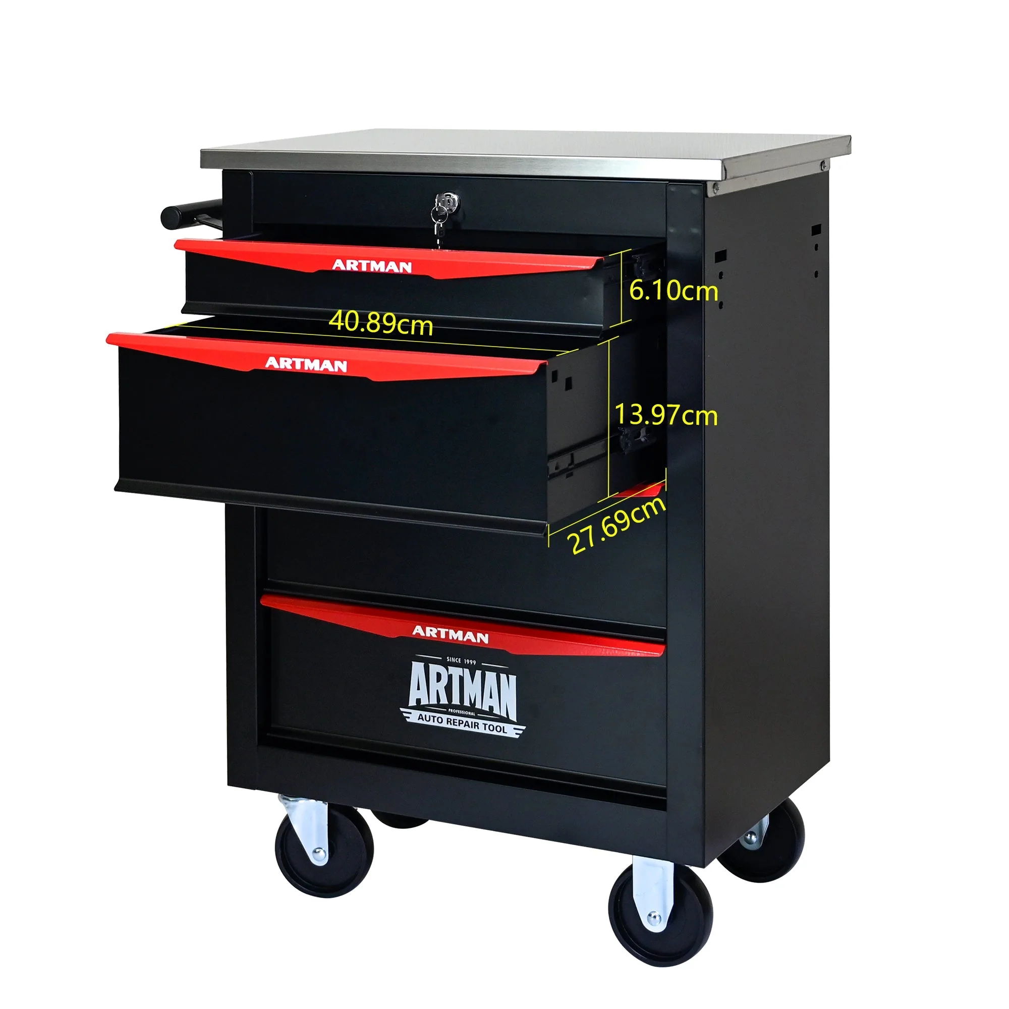Tool Trolley 4-Drawer Metal Rolling Storage with Stainless Steel Roof Black & Red - Image 6