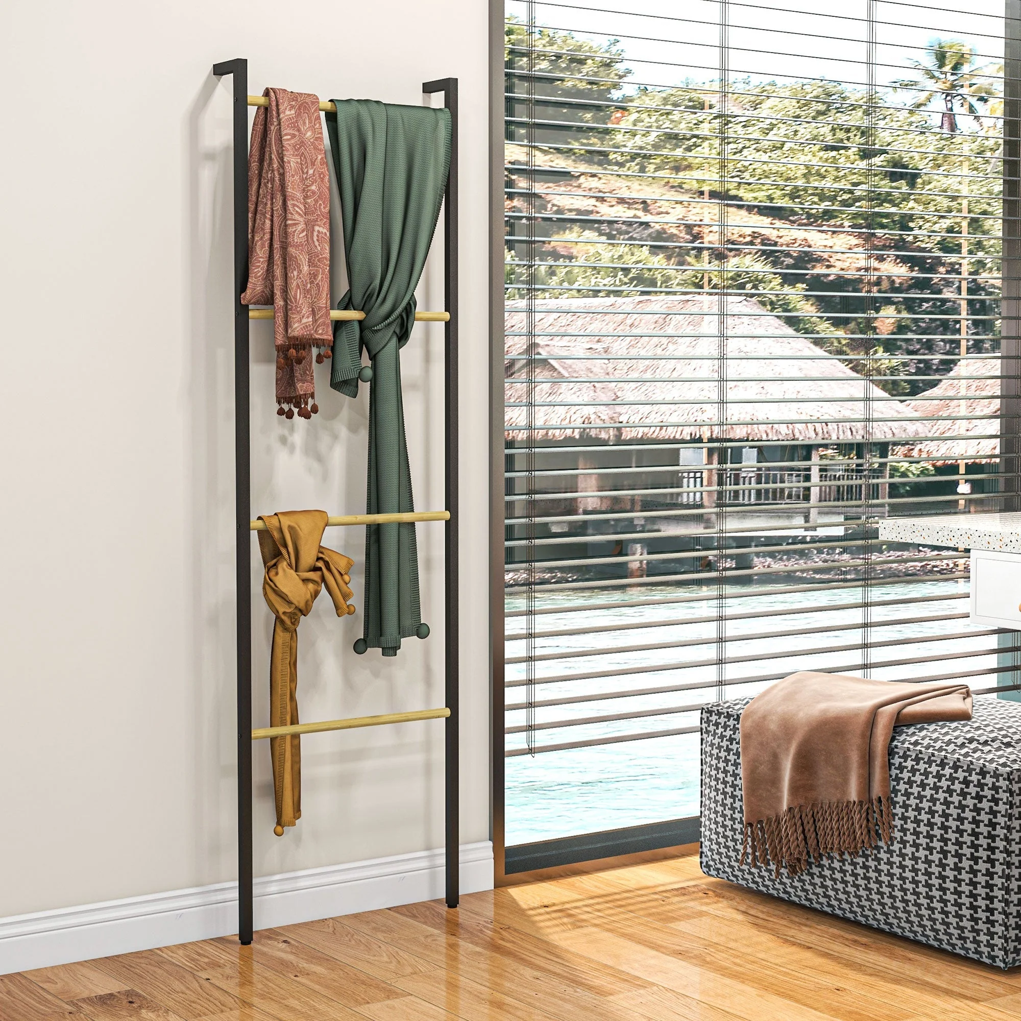 Towel Ladder, 4 Bars, Space Saving, Steel Black - Image 8