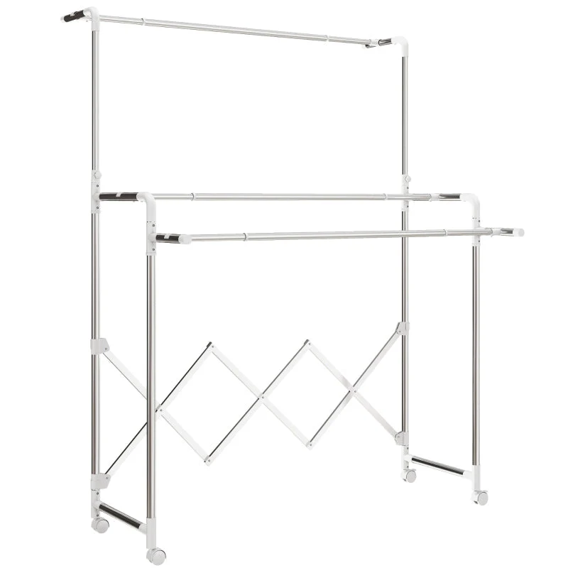 Tower Clothes Drying Rack Foldable 3 Adjustable Rods Wheels - Stainless Steel - Image 2