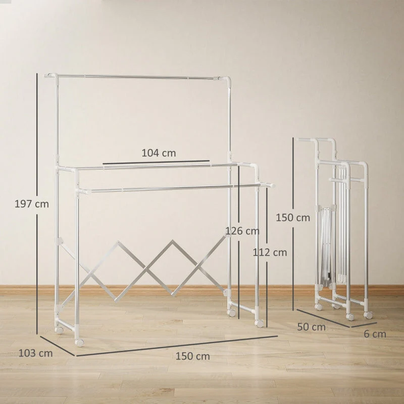 Tower Clothes Drying Rack Foldable 3 Adjustable Rods Wheels - Stainless Steel - Image 3
