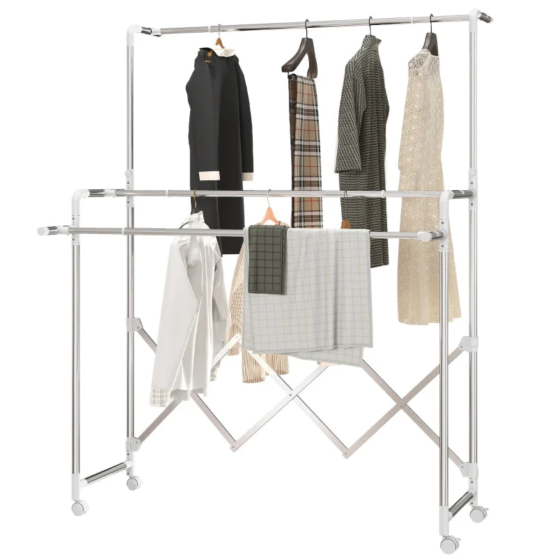 Tower Clothes Drying Rack Foldable 3 Adjustable Rods Wheels - Stainless Steel - Image 6