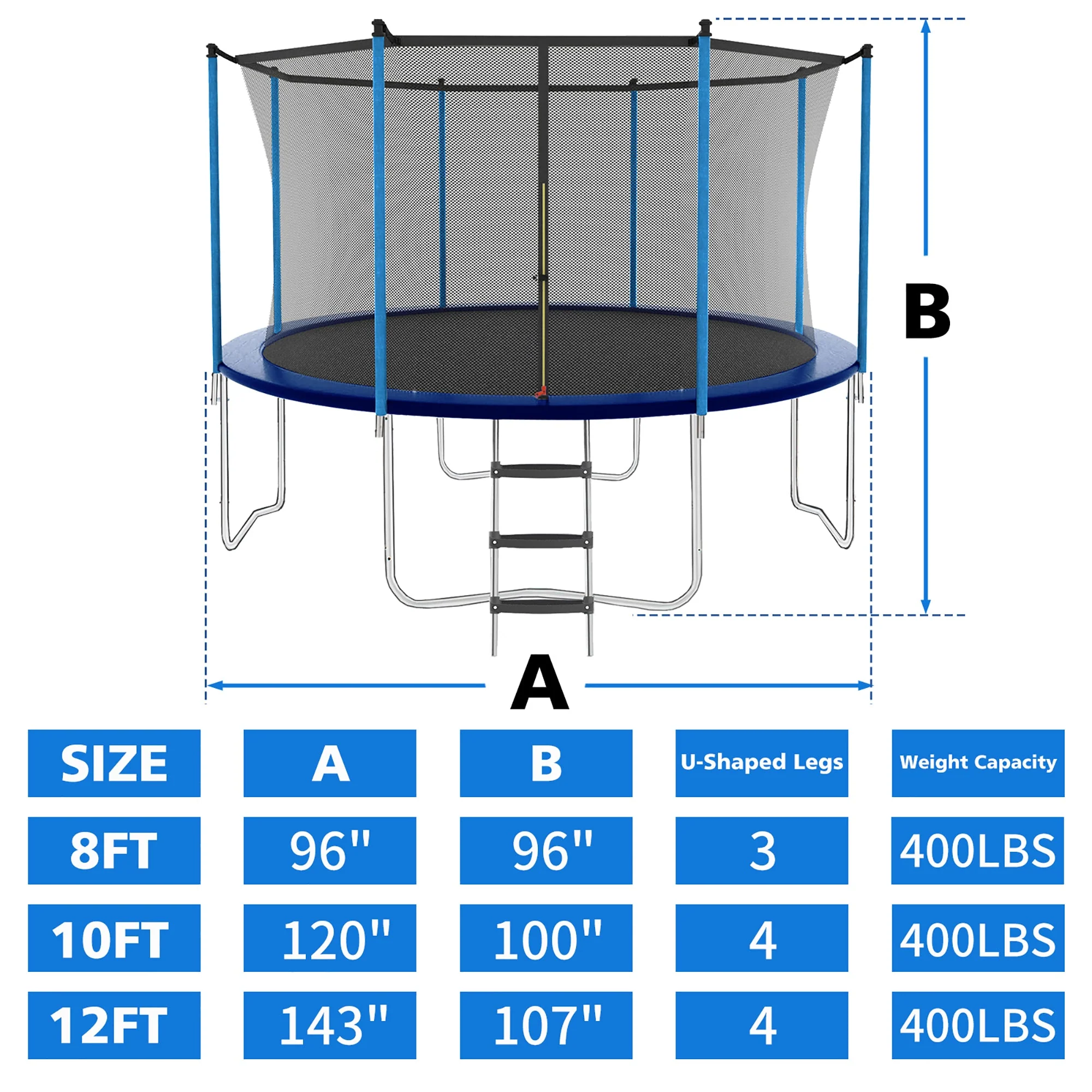 Trampoline 8-12FT Adjustable, Safety Enclosure Net & Spring Pad, Heavy-Duty Galvanized Steel Frame, 400lbs Capacity, Blue - Image 4