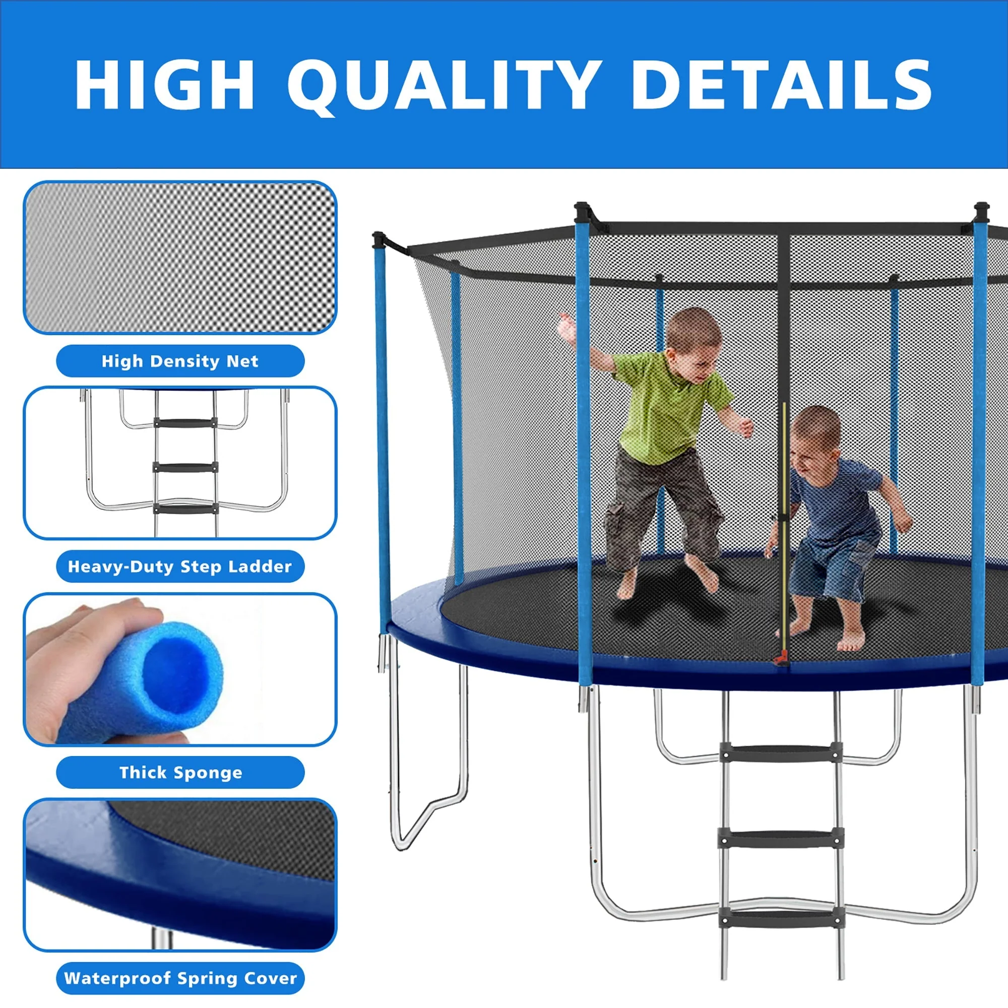 Trampoline 8-12FT Adjustable, Safety Enclosure Net & Spring Pad, Heavy-Duty Galvanized Steel Frame, 400lbs Capacity, Blue - Image 5