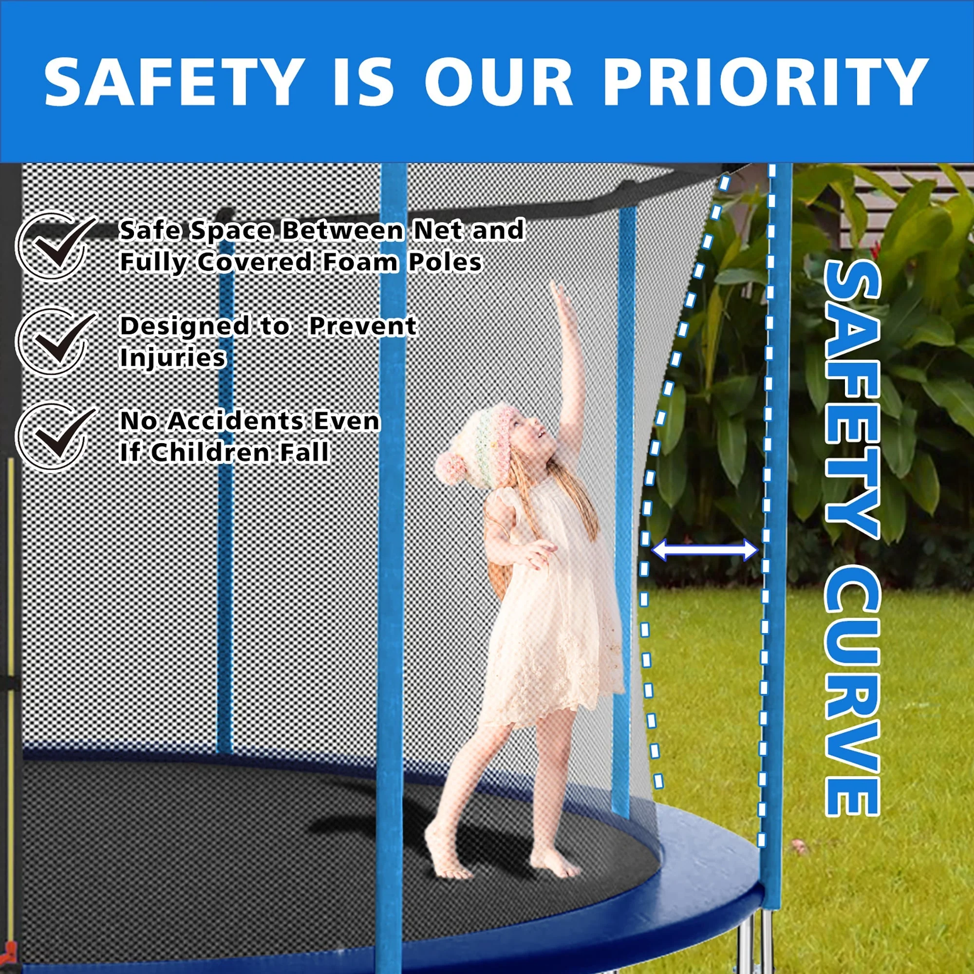 Trampoline 8-12FT Adjustable, Safety Enclosure Net & Spring Pad, Heavy-Duty Galvanized Steel Frame, 400lbs Capacity, Blue - Image 6