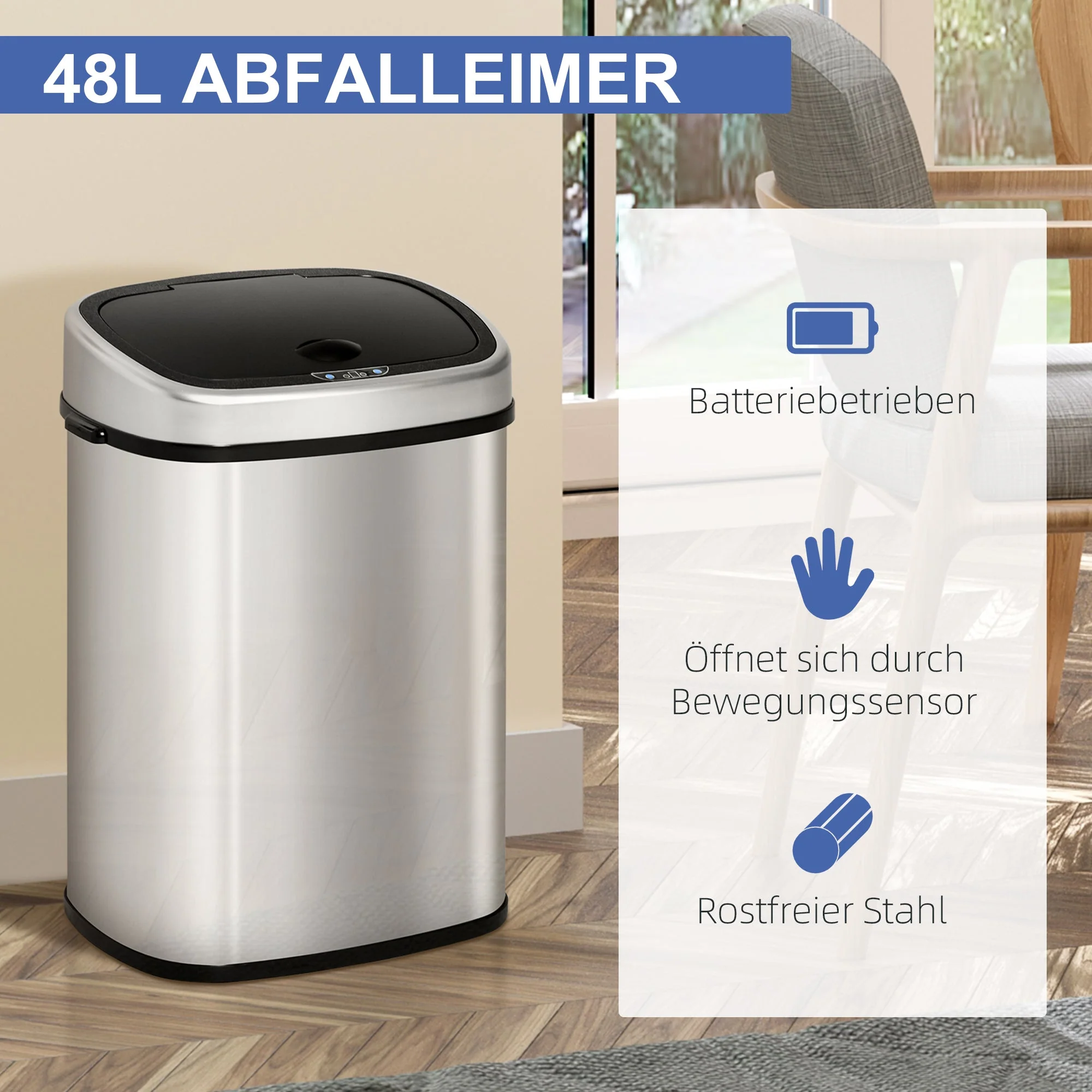 Trash can, 48L Infrared Sensor Hygienic, Stainless Steel Silver - Image 4