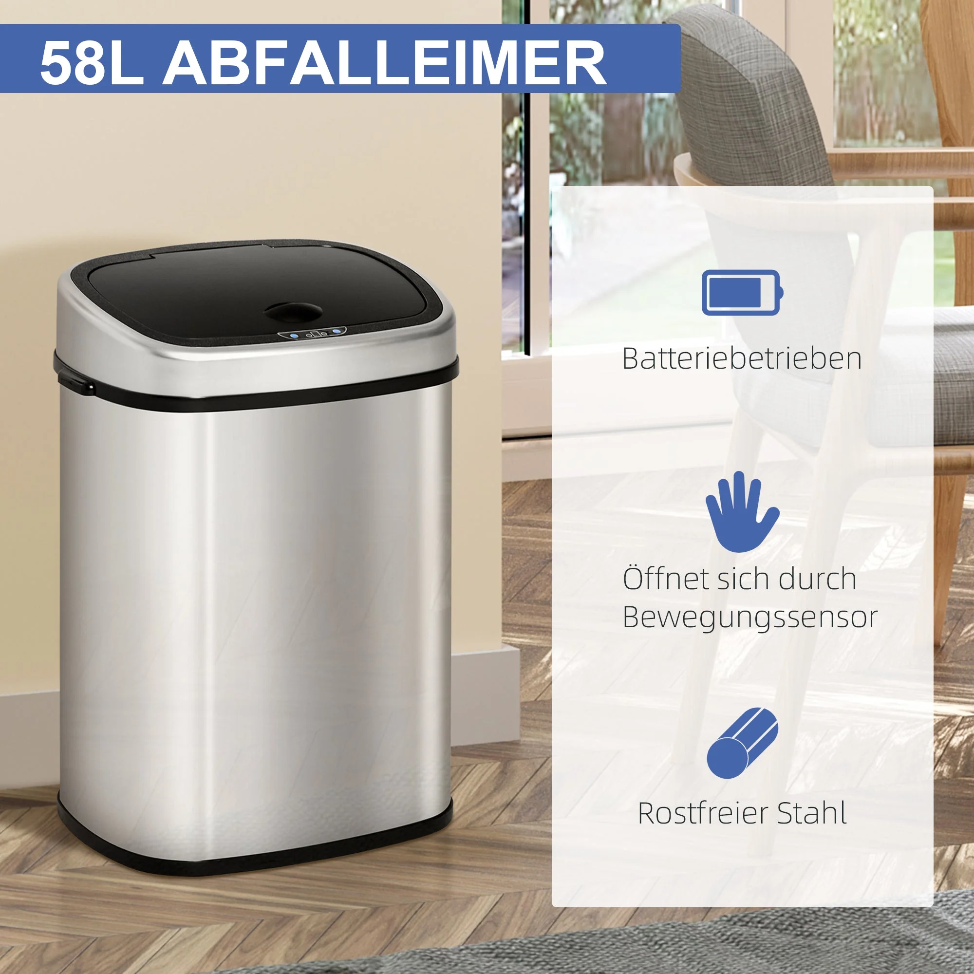 Trash Can 58L Automatic Waste Bin with Infrared Sensor, Stainless Steel Silver - Image 4
