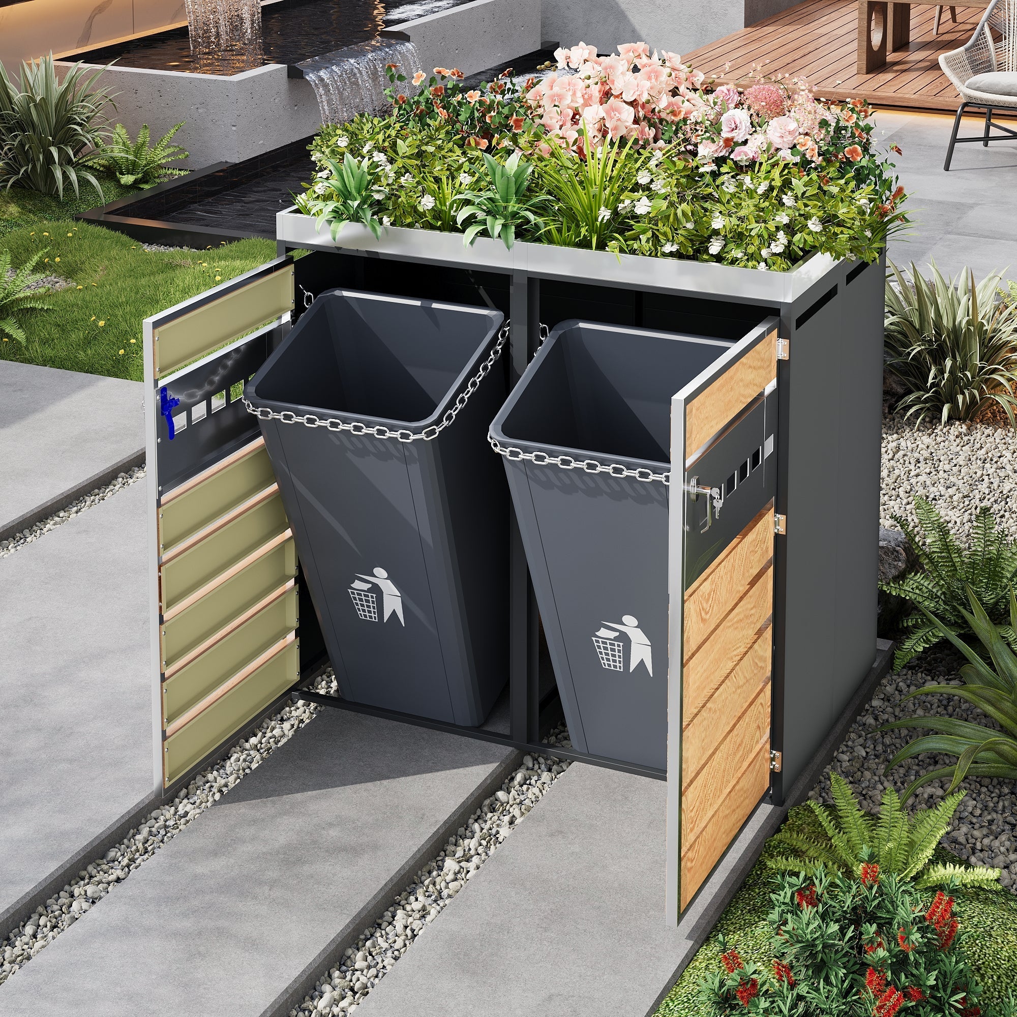 Trash Can Storage Box with Lockable Two Doors and Planting Area, Ventilation, Steel - Image 9