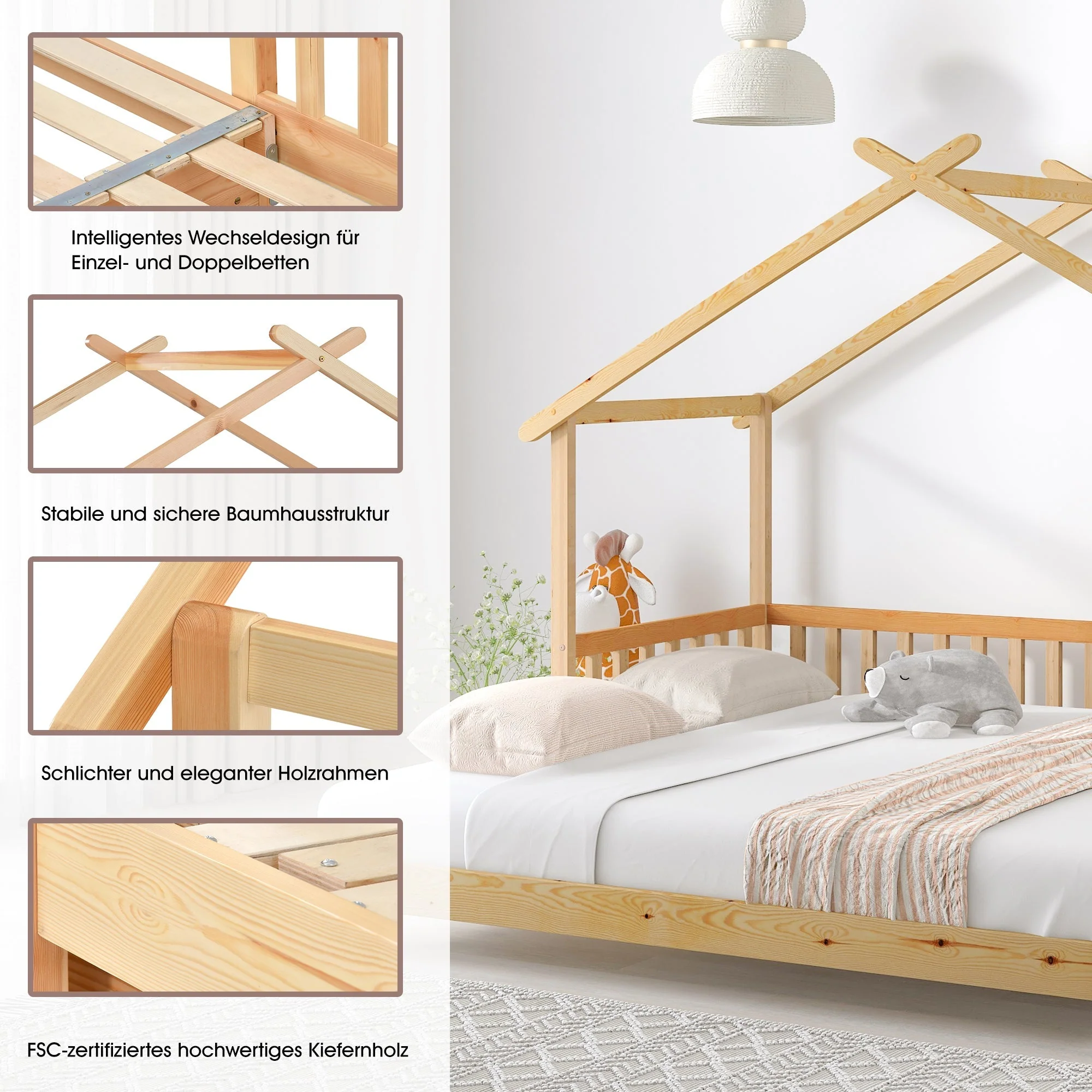 Treehouse Bed, Expandable Single to Double, Solid Wood, Natural - Image 4