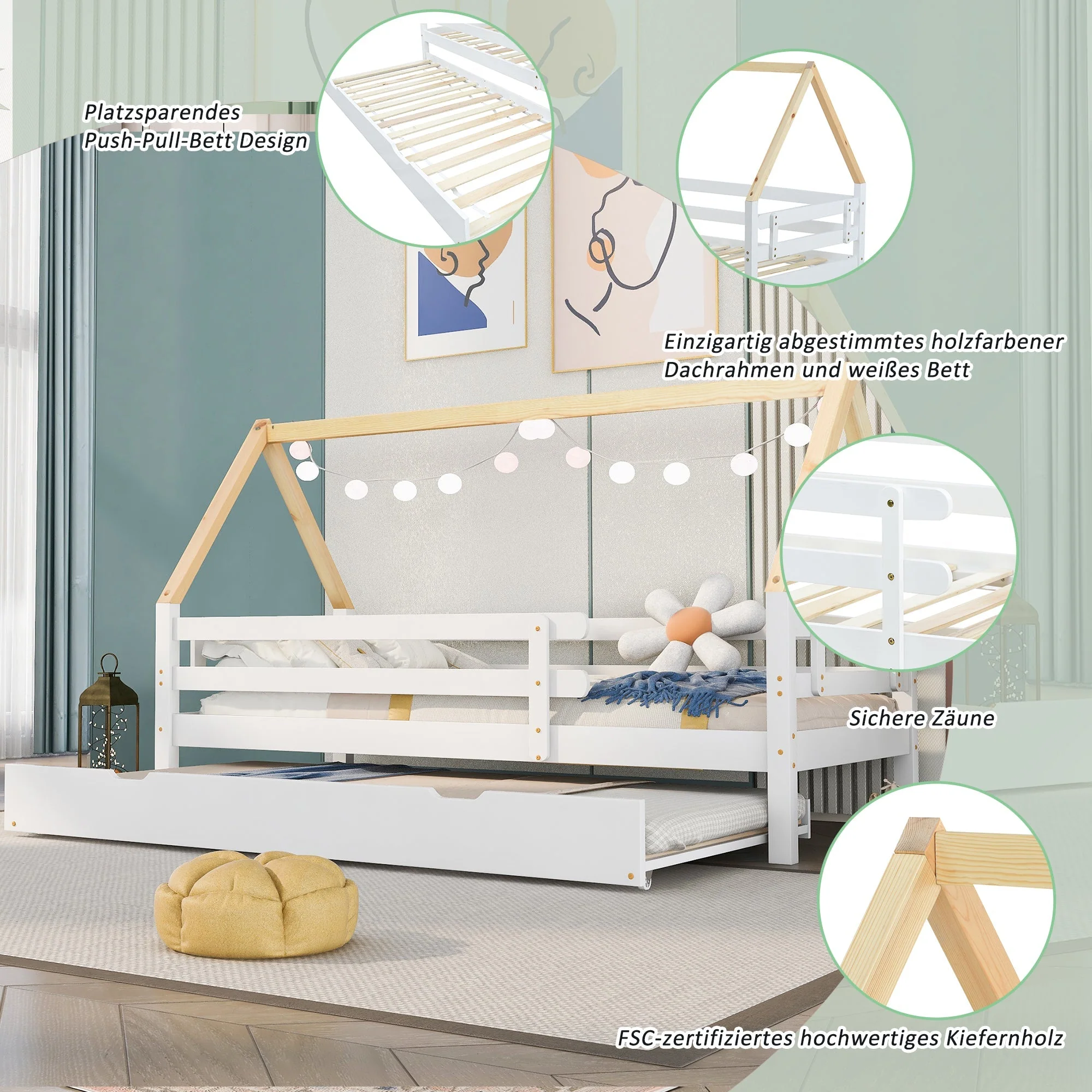 Treehouse Bed, Single with Pull-Out & Sliding Rollers, Solid Wood White & Natural - Image 4