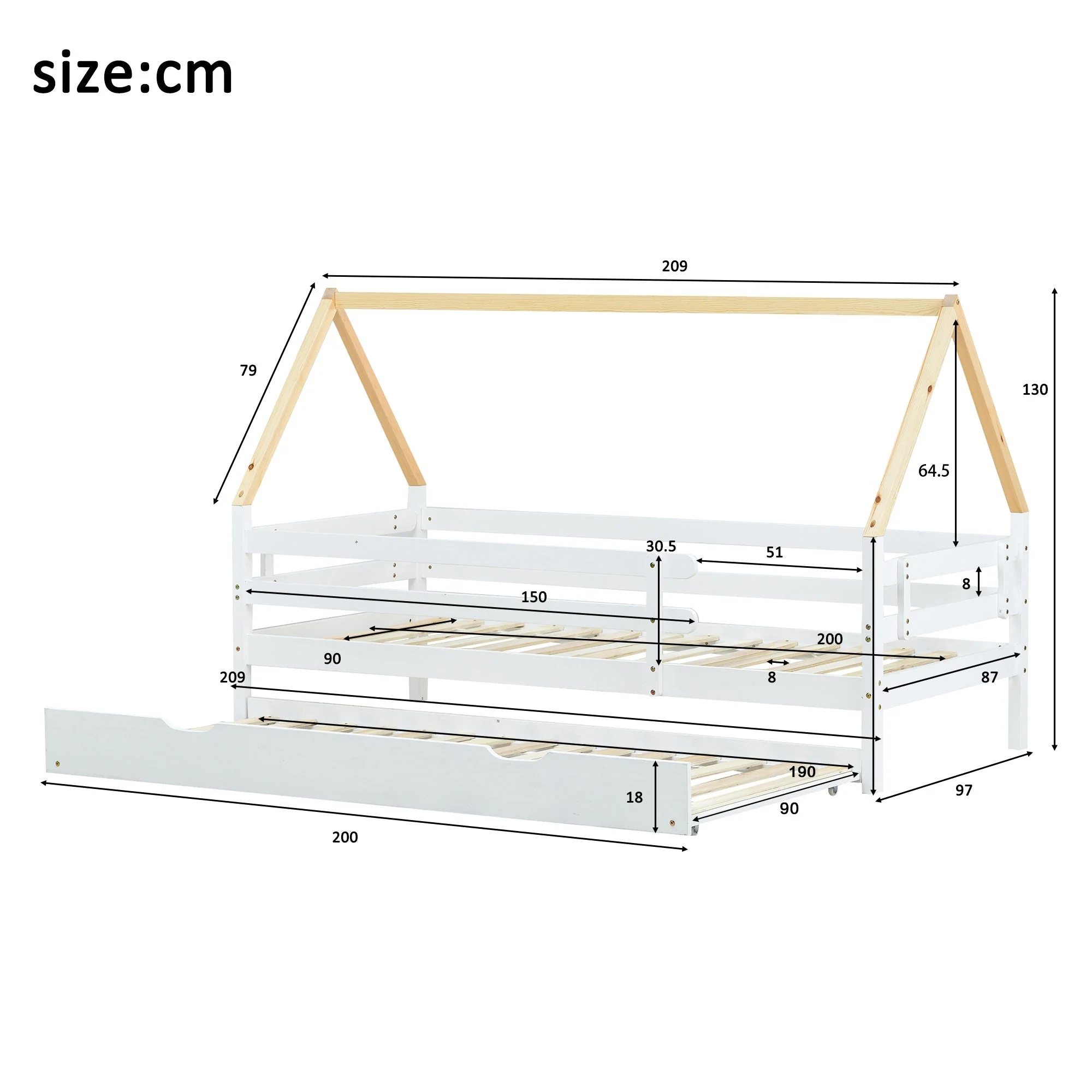 Treehouse Bed, Single with Pull-Out & Sliding Rollers, Solid Wood White & Natural - Image 5