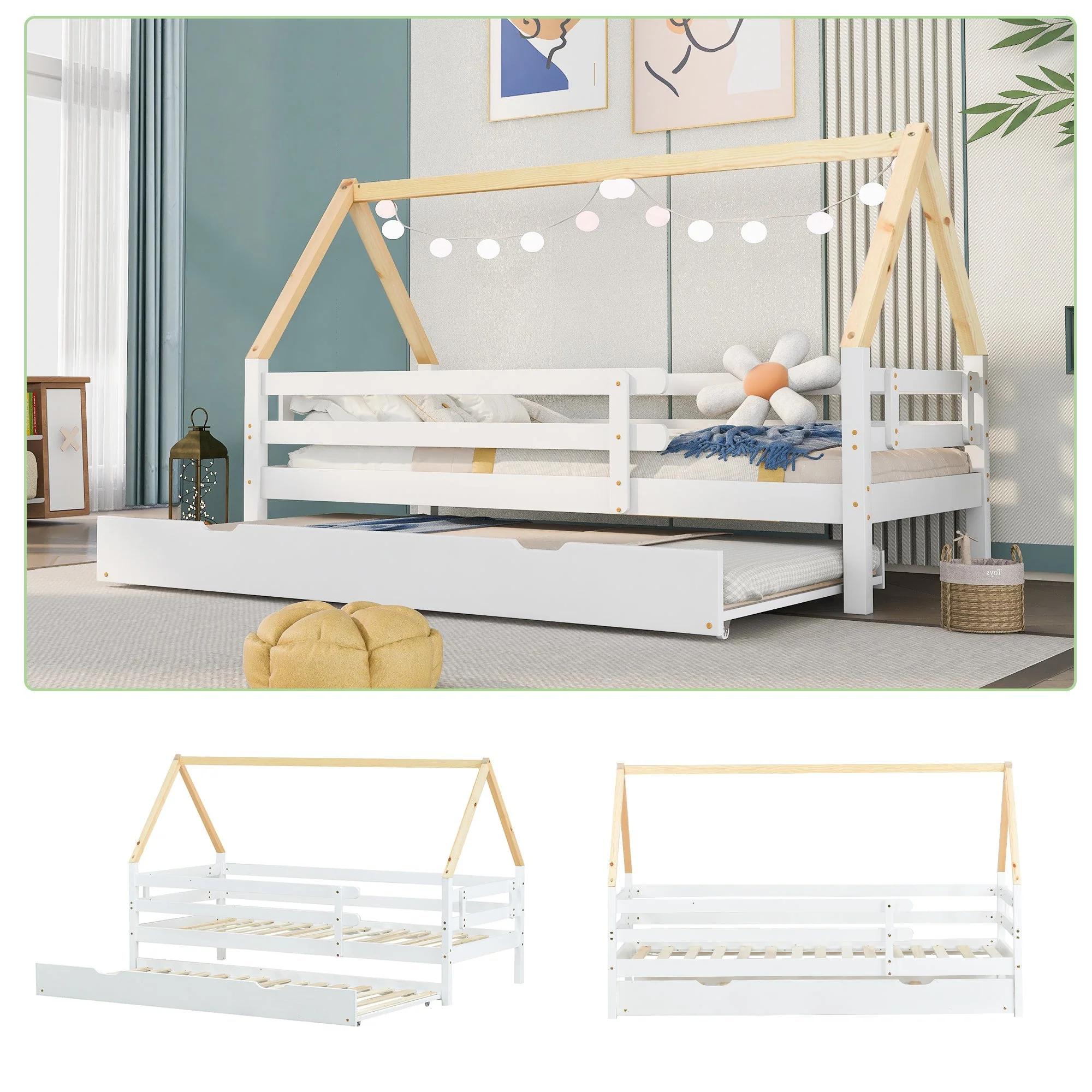 Treehouse Bed, Single with Pull-Out & Sliding Rollers, Solid Wood White & Natural - Image 8