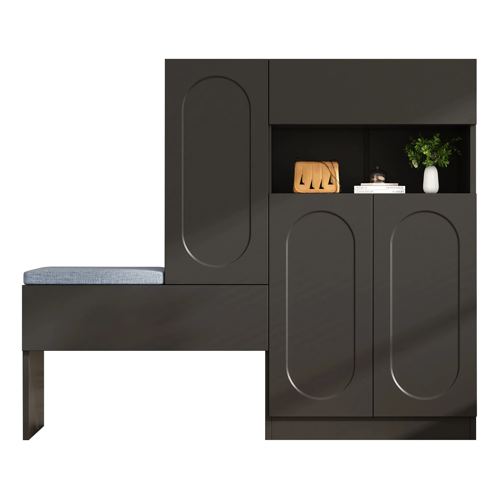 Trendy 2-in-1 Shoe Cabinet with Curved Doors, Soft-Close, Adjustable, Upholstered Bench, Black - Image 7