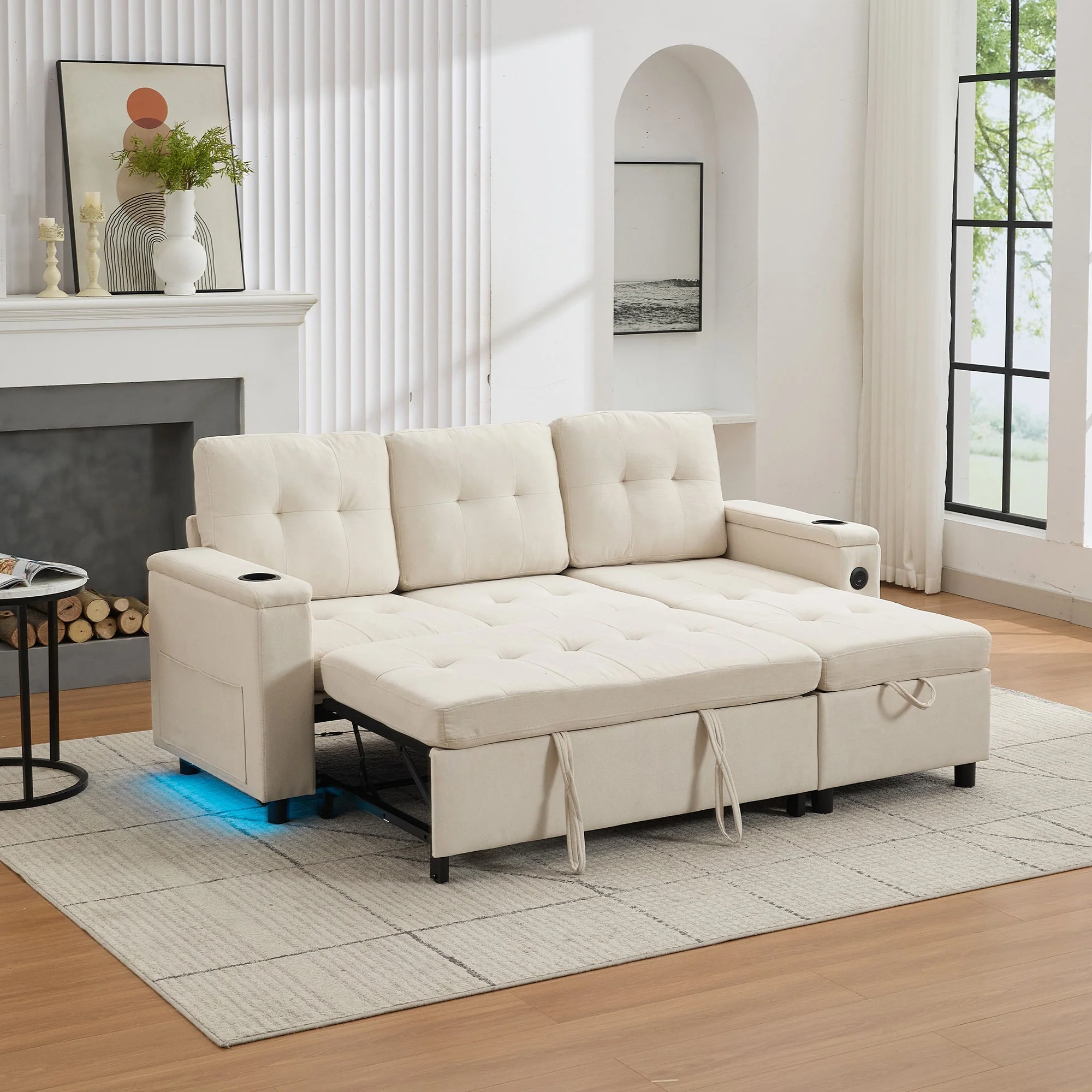 Treviso L-Shaped Sofa Bed 3-Seater Fold-Out Hidden Storage LED Strip Beige - Image 2
