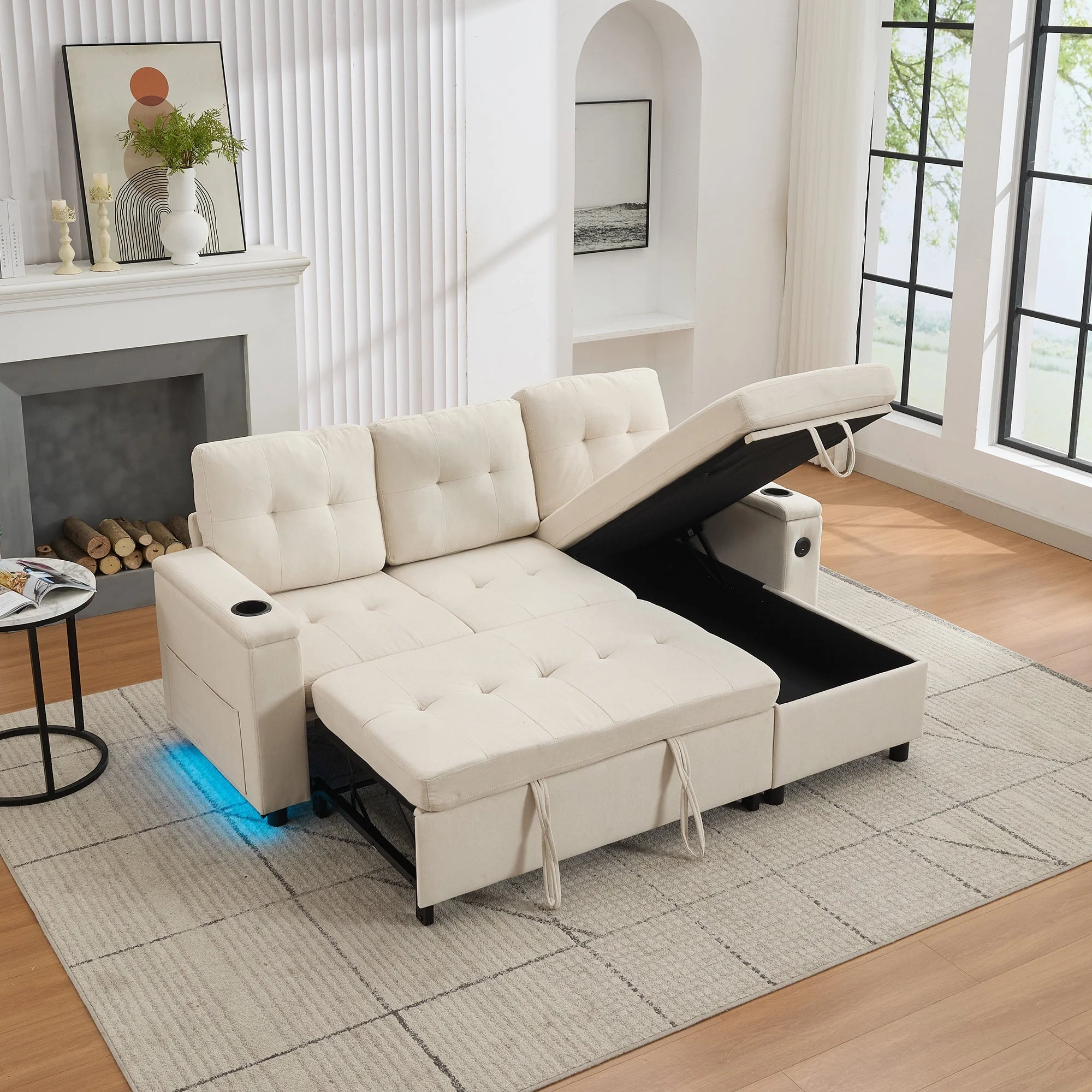 Treviso L-Shaped Sofa Bed 3-Seater Fold-Out Hidden Storage LED Strip Beige - Image 3