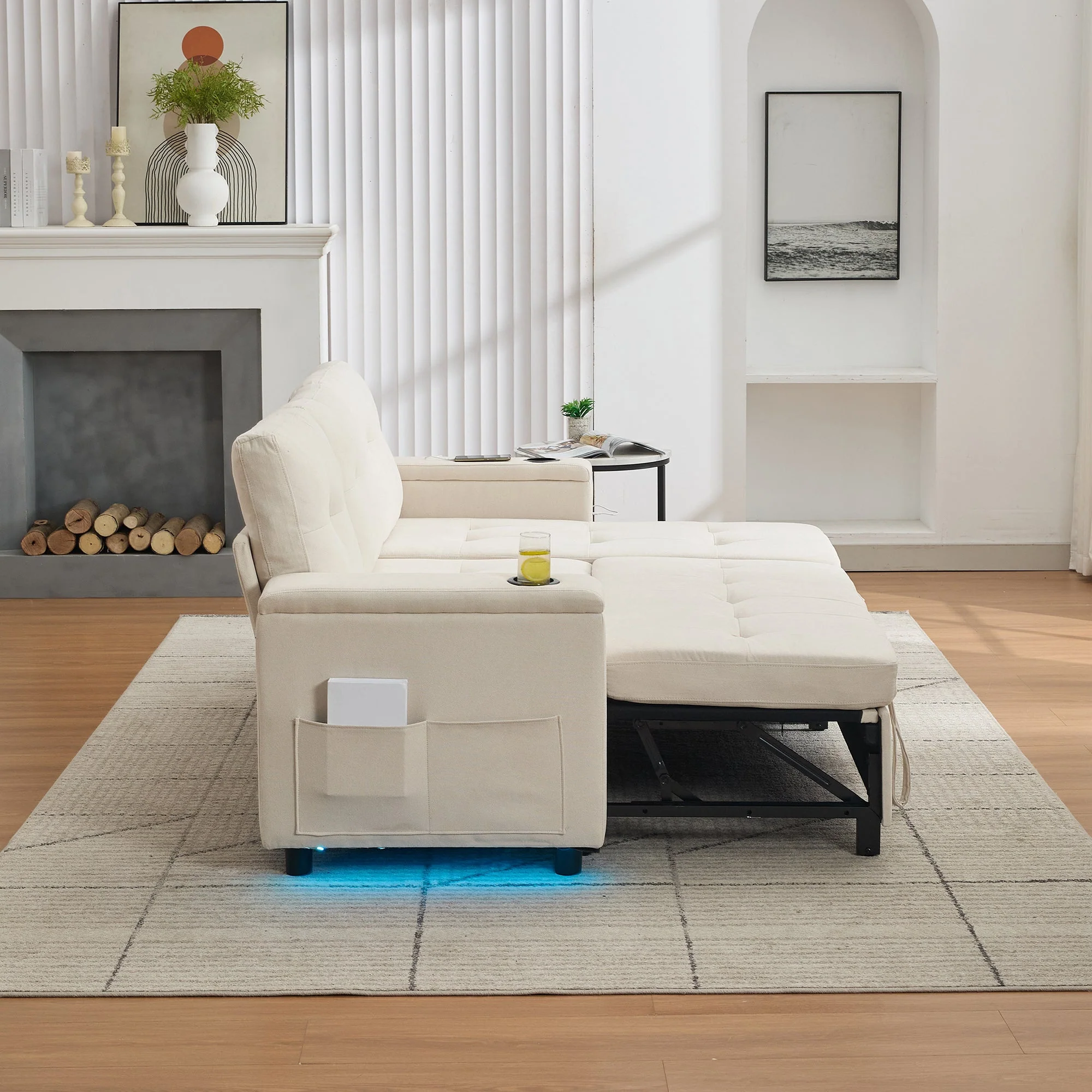 Treviso L-Shaped Sofa Bed 3-Seater Fold-Out Hidden Storage LED Strip Beige - Image 6