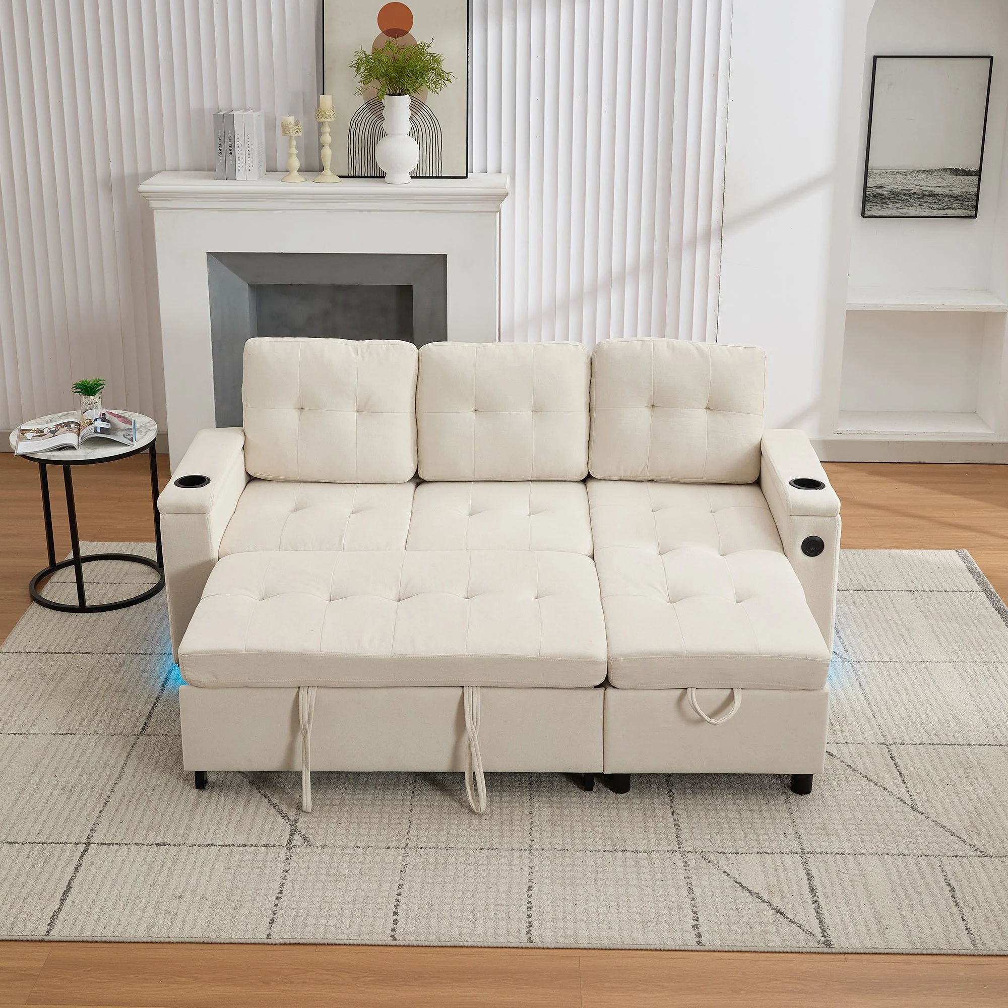 Treviso L-Shaped Sofa Bed 3-Seater Fold-Out Hidden Storage LED Strip Beige - Image 8