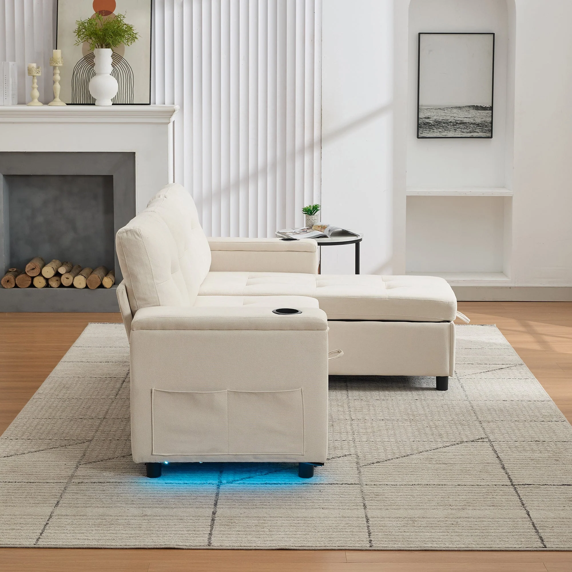 Treviso L-Shaped Sofa Bed 3-Seater Fold-Out Hidden Storage LED Strip Beige - Image 9