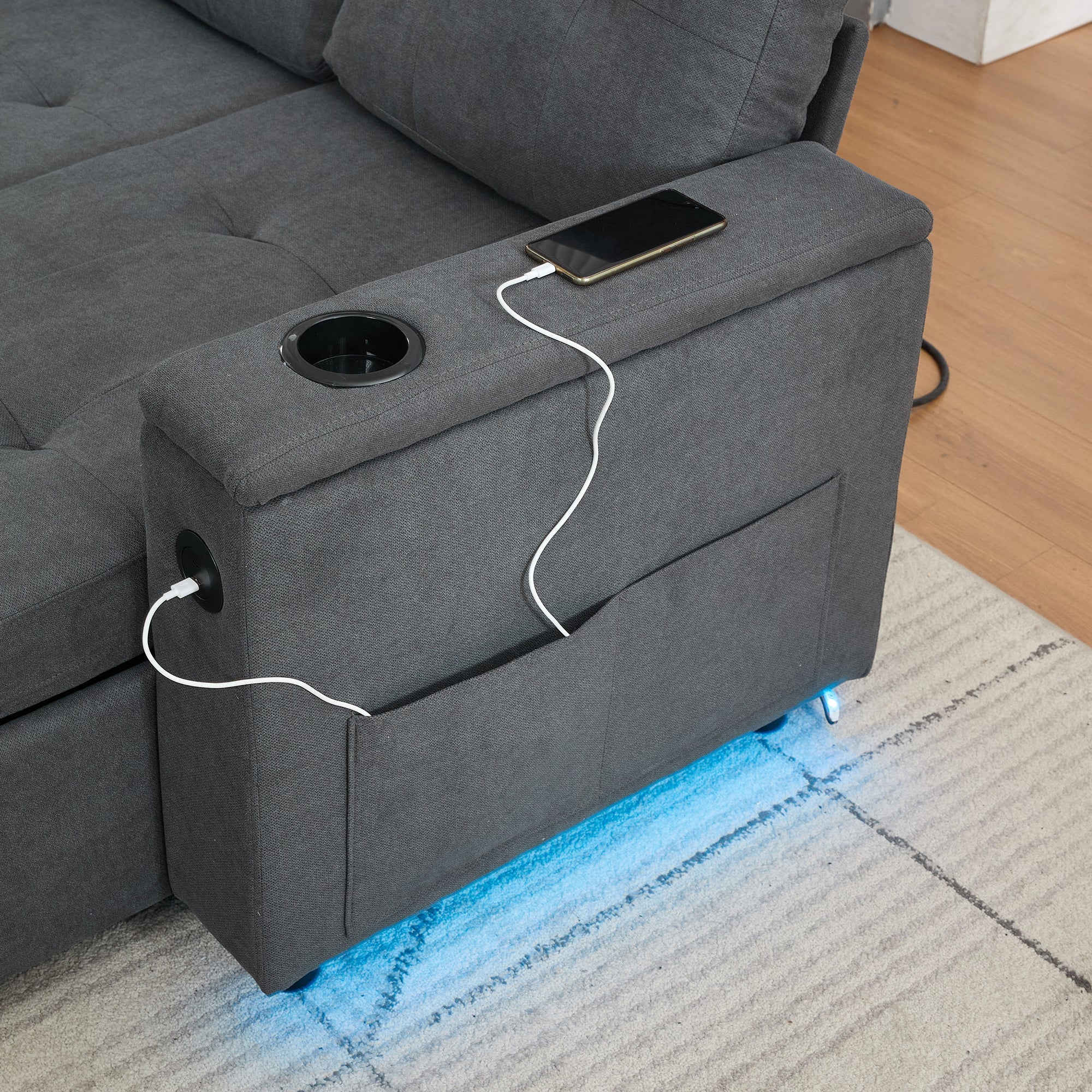 Treviso L-Shaped Sofa Bed with LED Lighting and Storage, Grey - Image 2