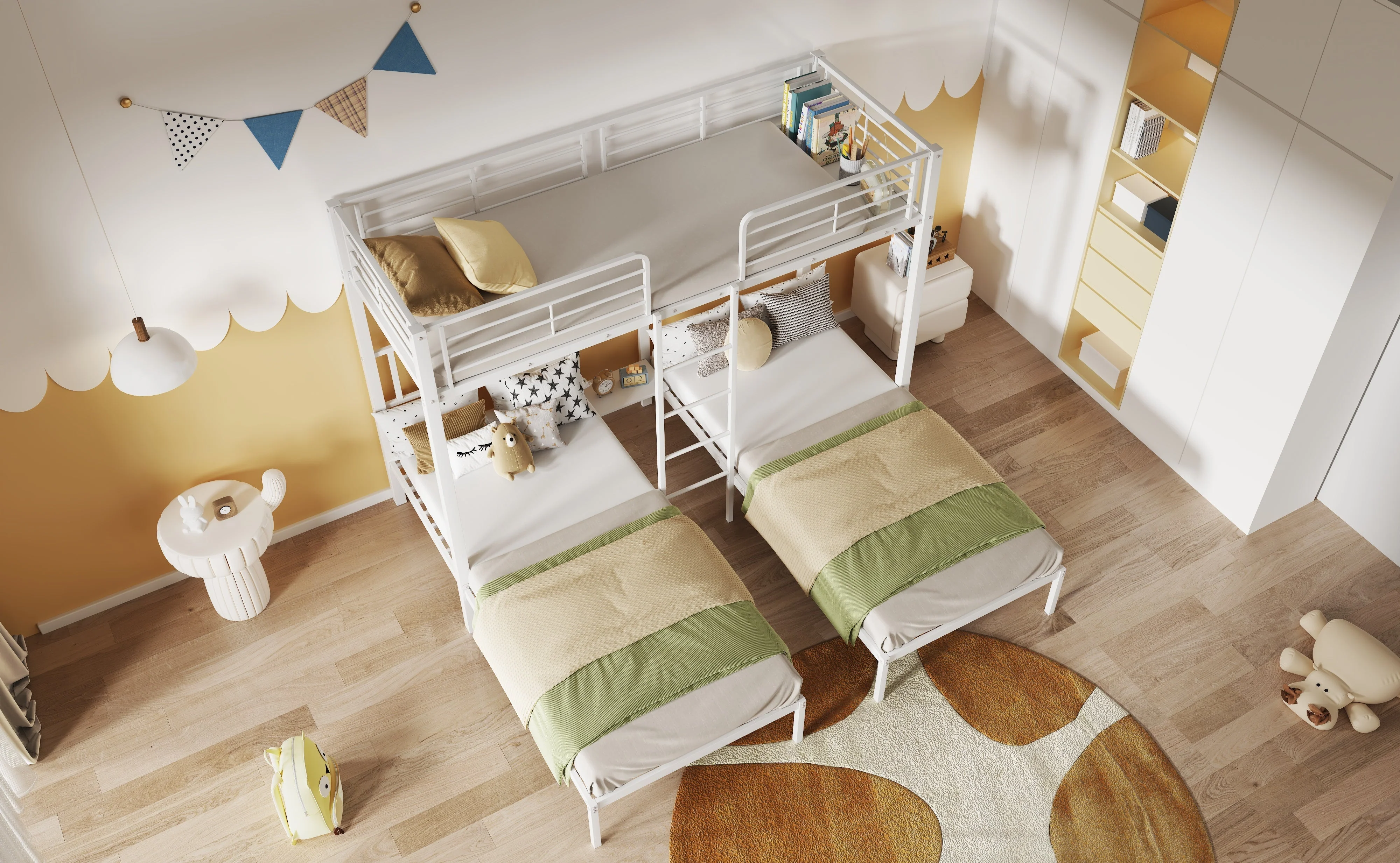 Triple Bed, Bunk Bed with Ladder, Safety Rail & Table, Iron White - Image 9